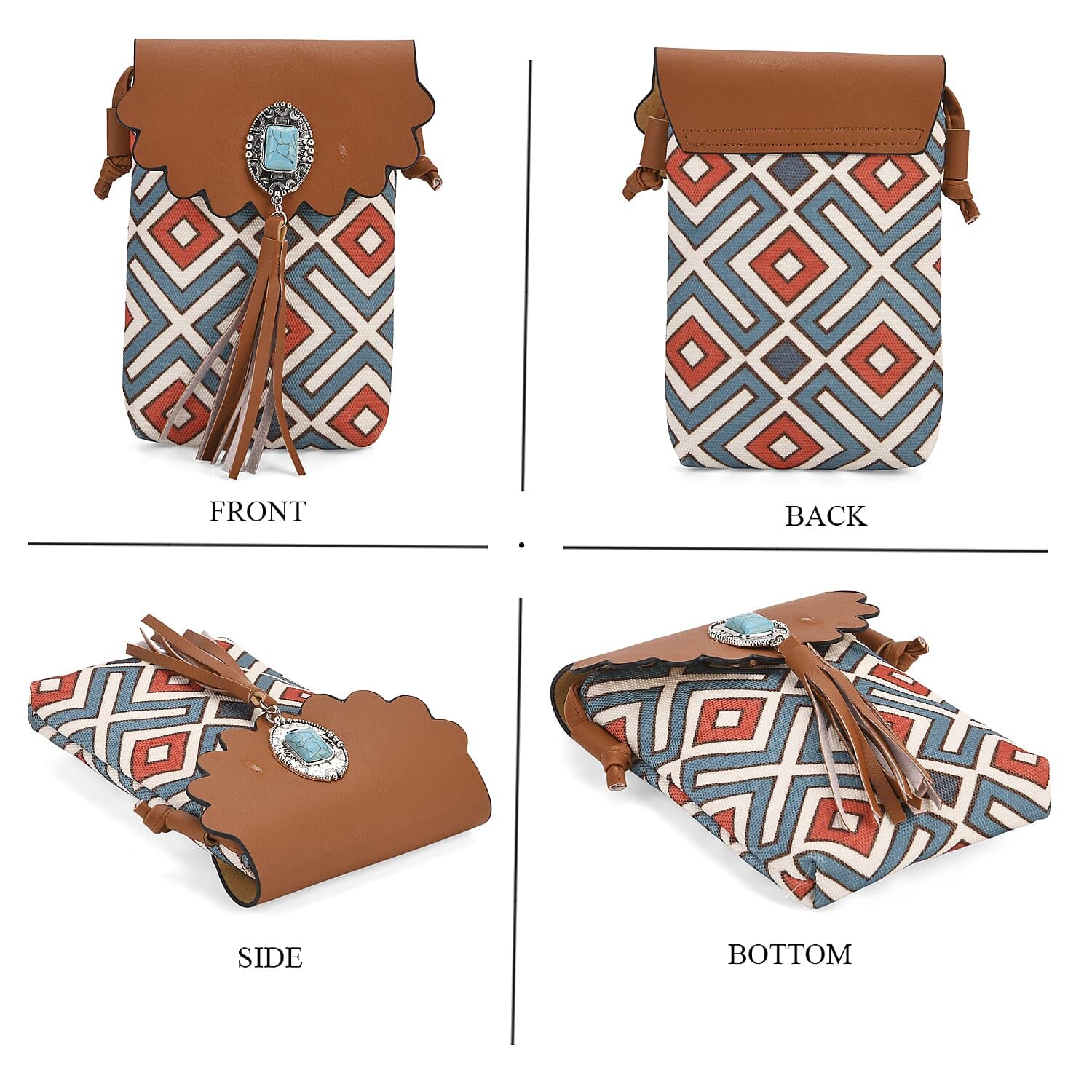 Shop LC Brown Faux Leather Rhombus Pattern Tassel Crossbody Bag with Shoulder Strap - Image 3