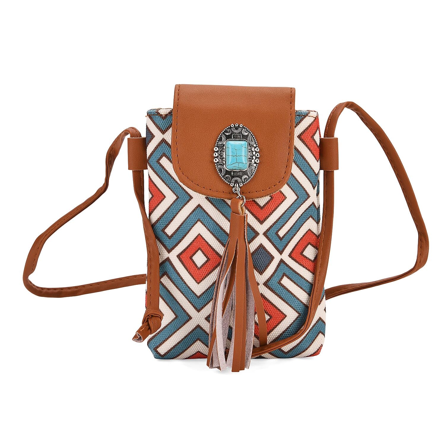 Shop LC Brown Faux Leather Rhombus Pattern Tassel Crossbody Bag with Shoulder Strap
