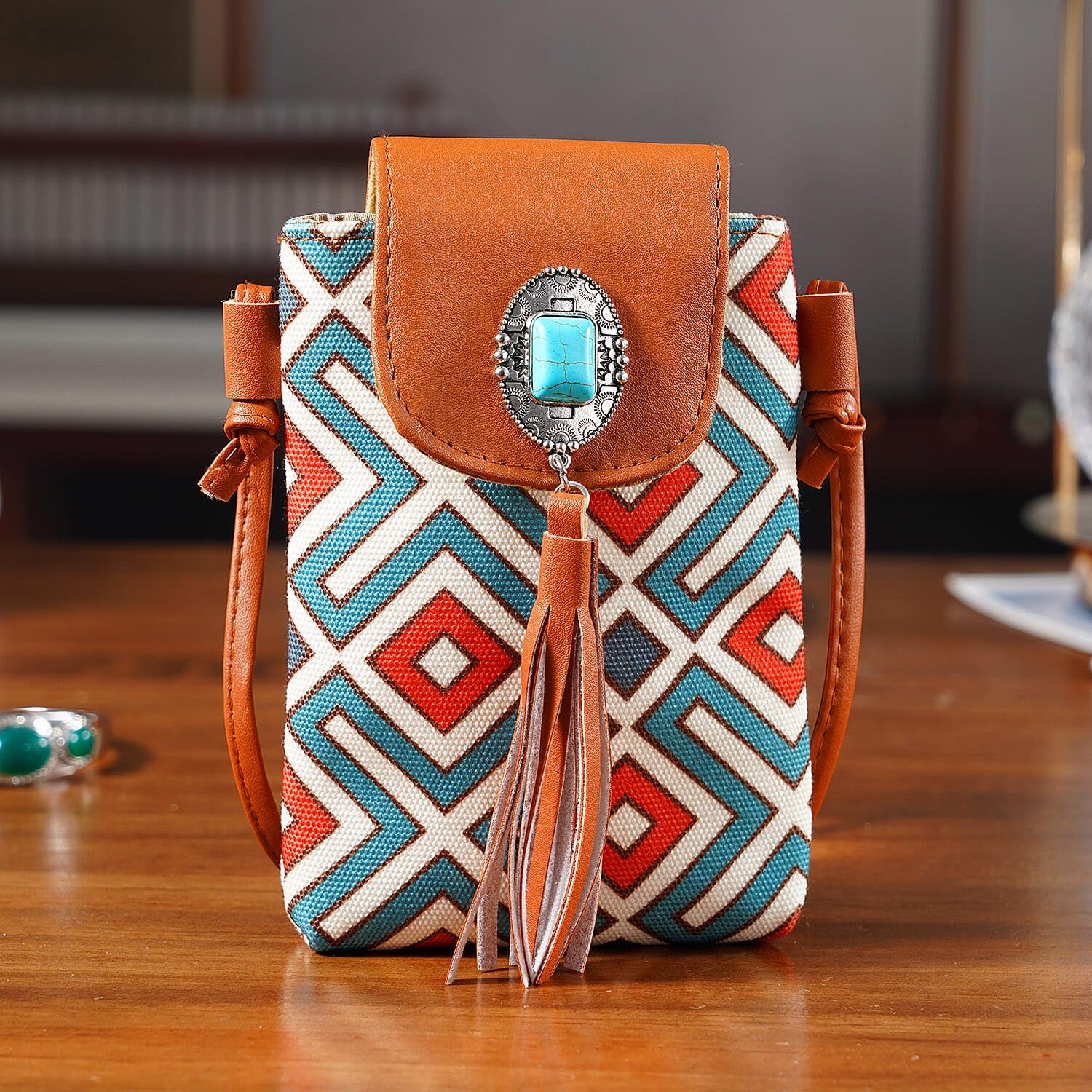 Shop LC Brown Faux Leather Rhombus Pattern Tassel Crossbody Bag with Shoulder Strap - Image 3