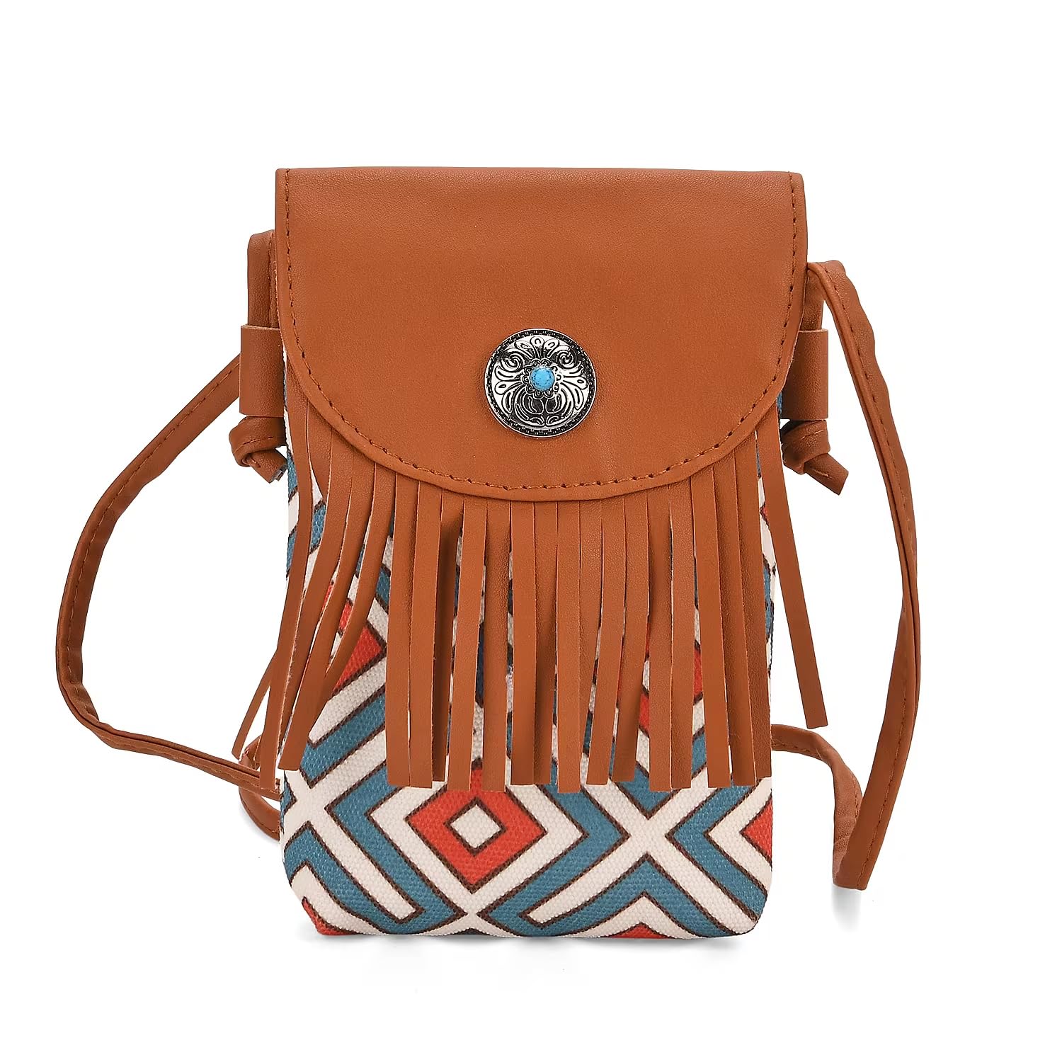 Shop LC Brown Faux Leather Rhombus Pattern Tassel Crossbody Bag with Shoulder Strap