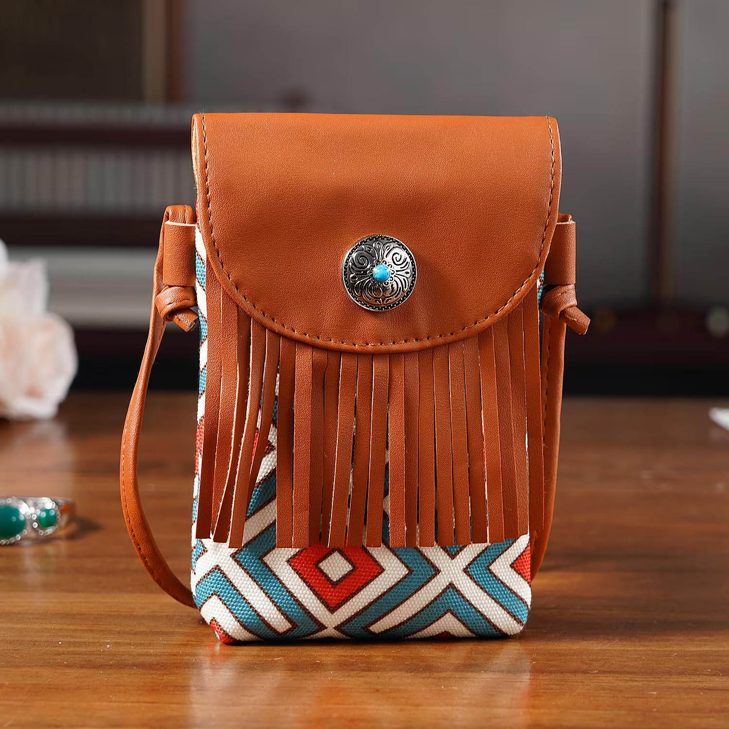 Shop LC Brown Faux Leather Rhombus Pattern Tassel Crossbody Bag with Shoulder Strap - Image 2