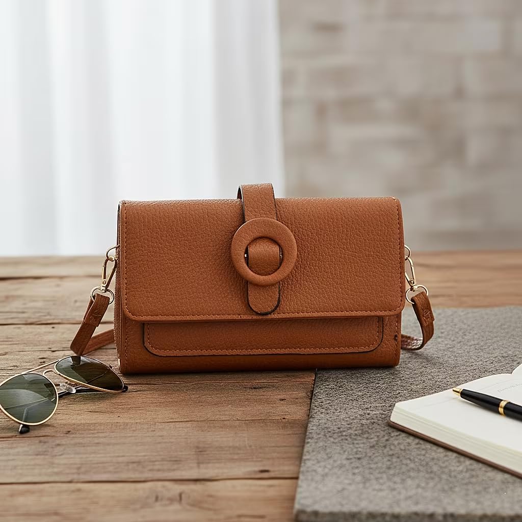 Shop LC Brown Solid Faux Leather Crossbody Wallet with Shoulder Strap - Image 2