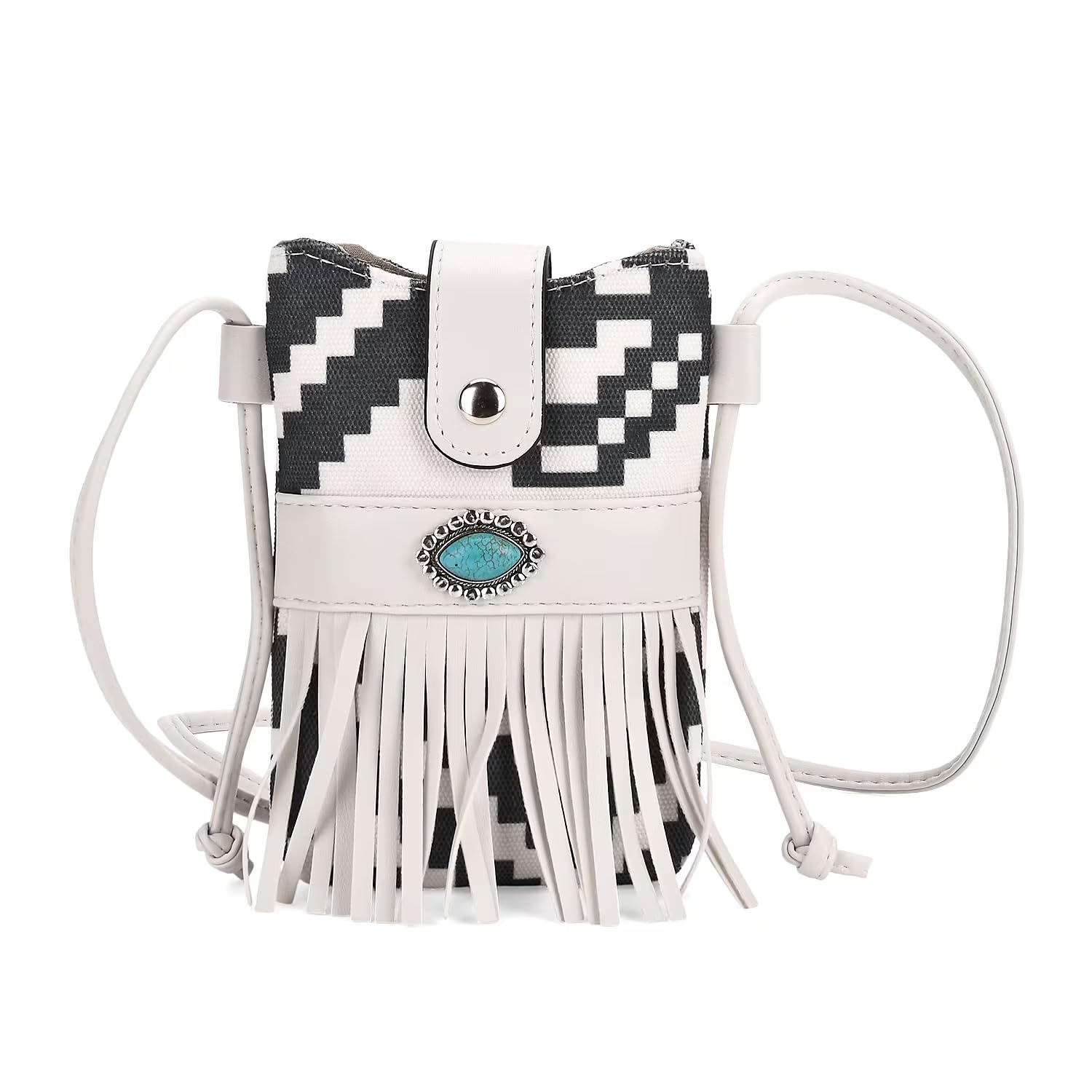 Shop LC Color Black and White Faux Leather Rhombus Pattern Tassel Crossbody Bag with Shoulder Strap