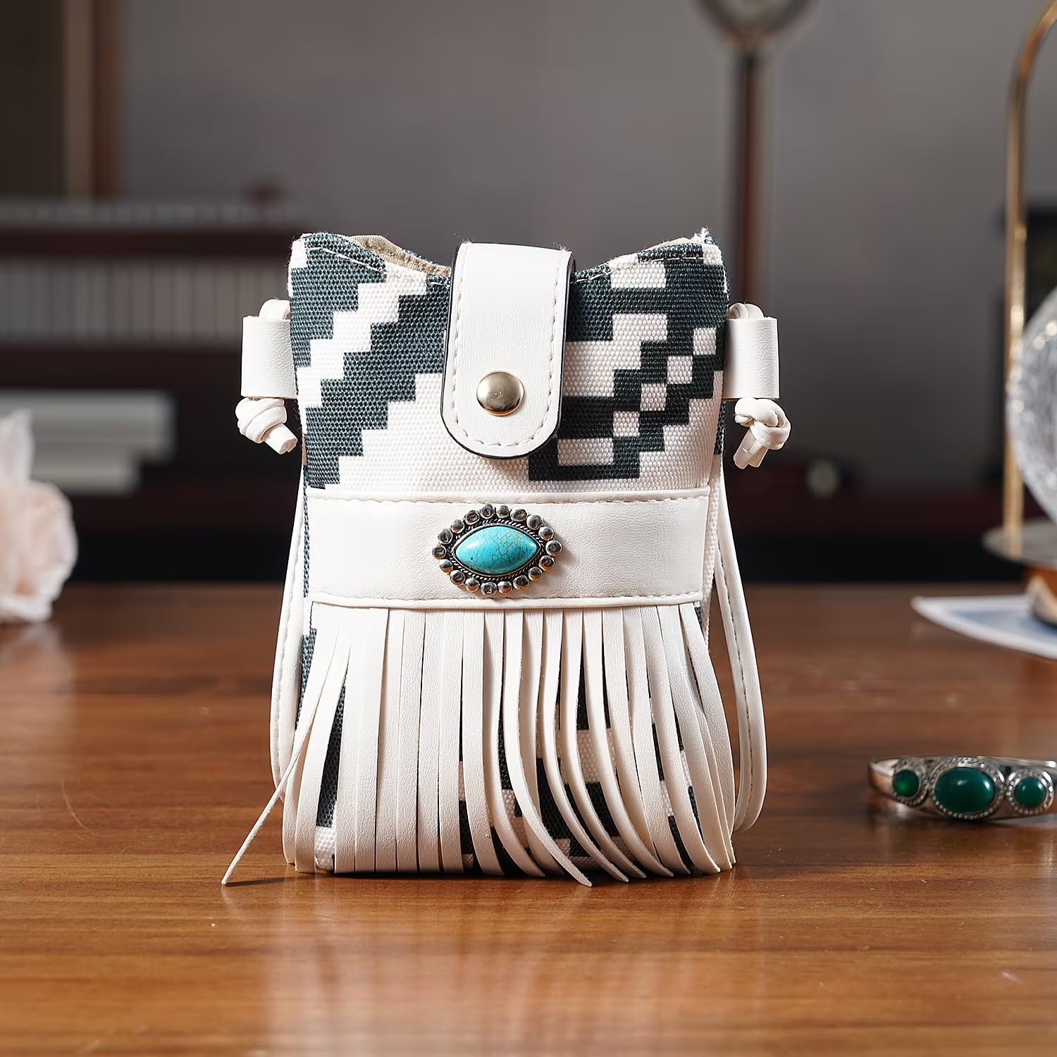 Shop LC Color Black and White Faux Leather Rhombus Pattern Tassel Crossbody Bag with Shoulder Strap - Image 2