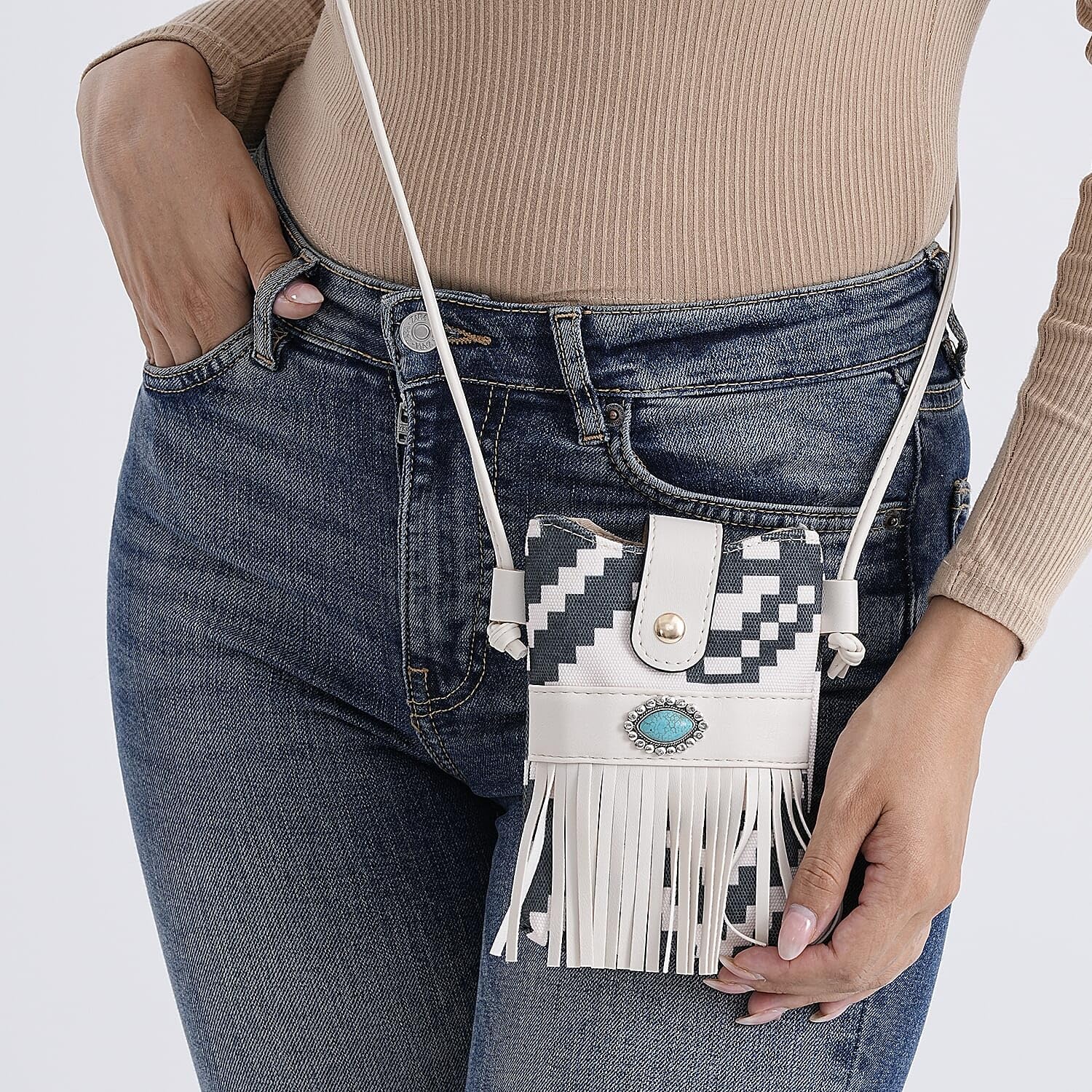 Shop LC Color Black and White Faux Leather Rhombus Pattern Tassel Crossbody Bag with Shoulder Strap - Image 4