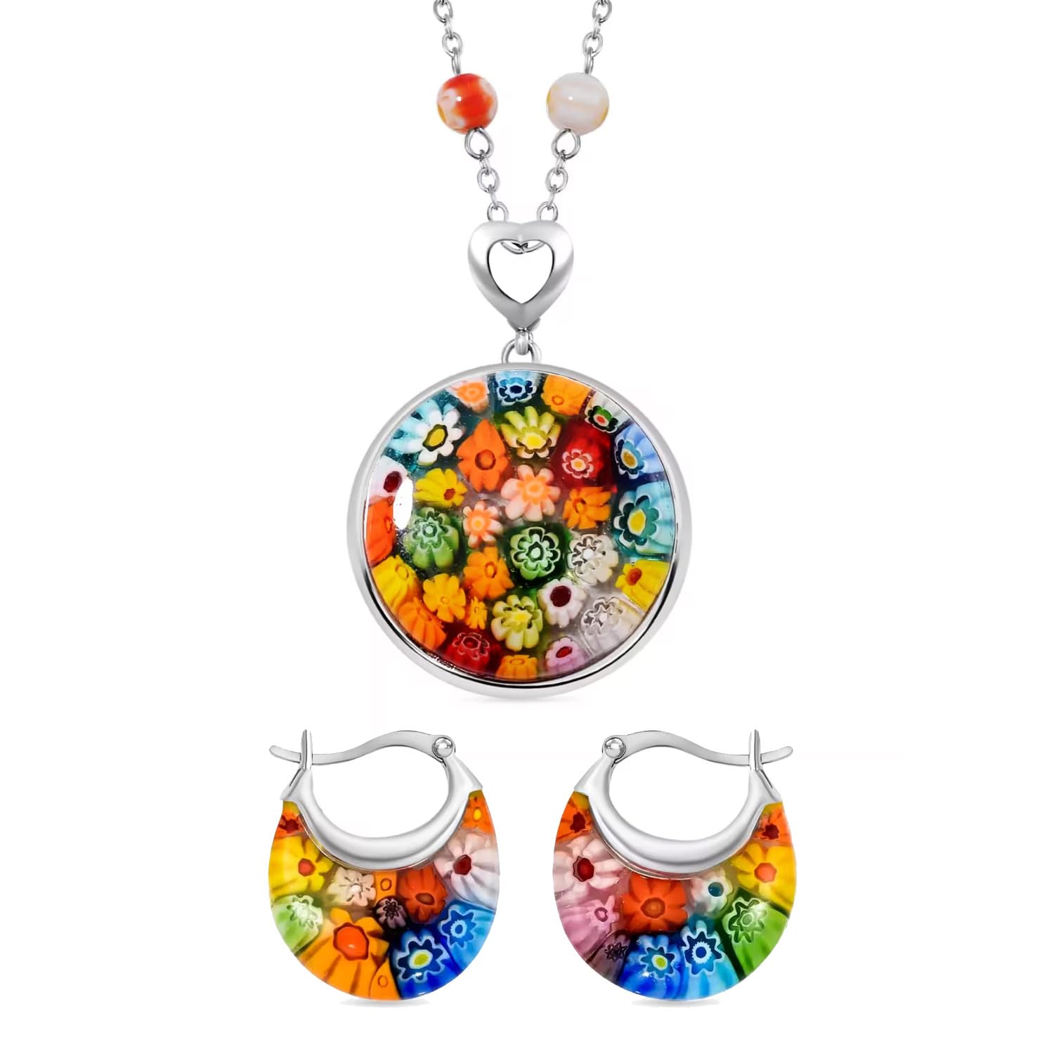 Shop LC Colorful Murano Style Millefiori Glass Hoop Earrings Necklace Set Stainless Steel Jewelry Trendy Birthday Gifts for Women 34.99