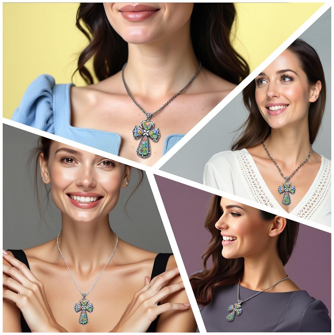 Shop LC Cross Necklace for Women Black Oxidsized Murano Style Colorful Glass Flower Stainless Steel Chain Size 20" Catholic Faith Religious Jewelry Christian Gifts - Image 2