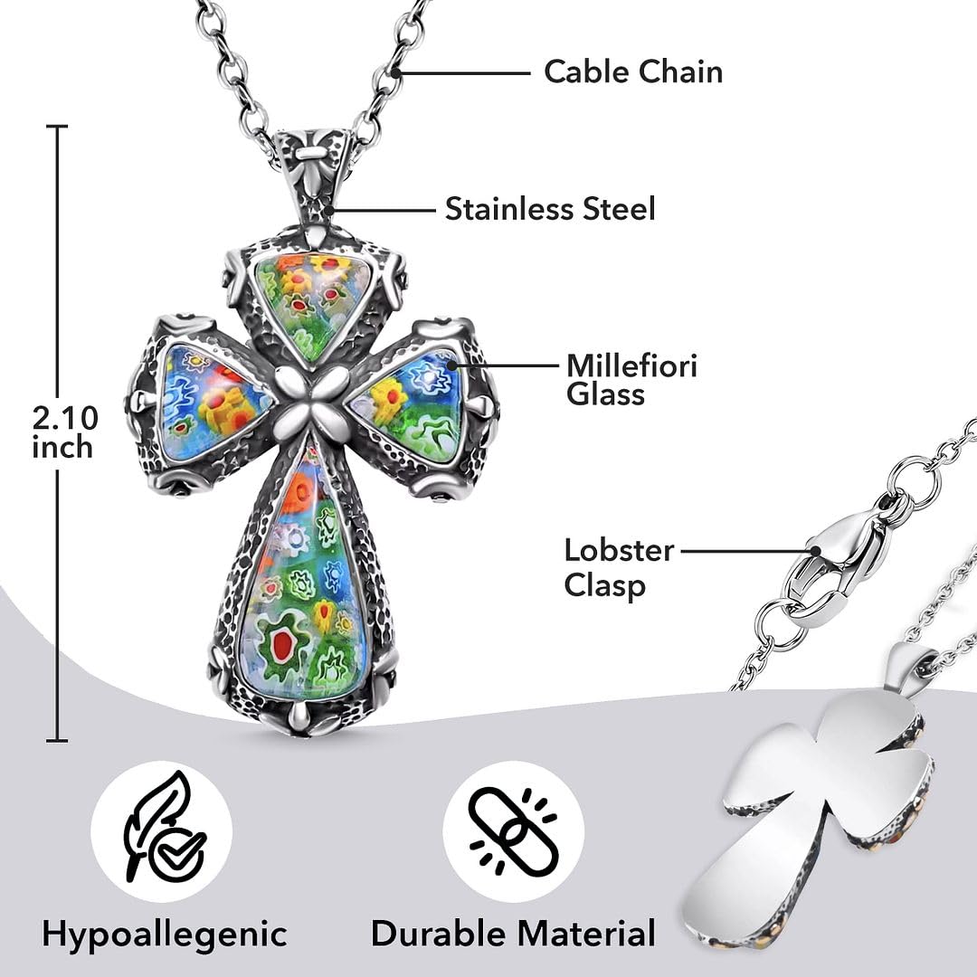 Shop LC Cross Necklace for Women Black Oxidsized Murano Style Colorful Glass Flower Stainless Steel Chain Size 20" Catholic Faith Religious Jewelry Christian Gifts - Image 3