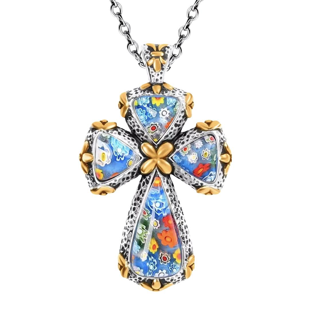 Shop LC Cross Necklace for Women Black Oxidsized Murano Style Colorful Glass Flower Stainless Steel Chain Size 20" Catholic Faith Religious Jewelry Christian Gifts
