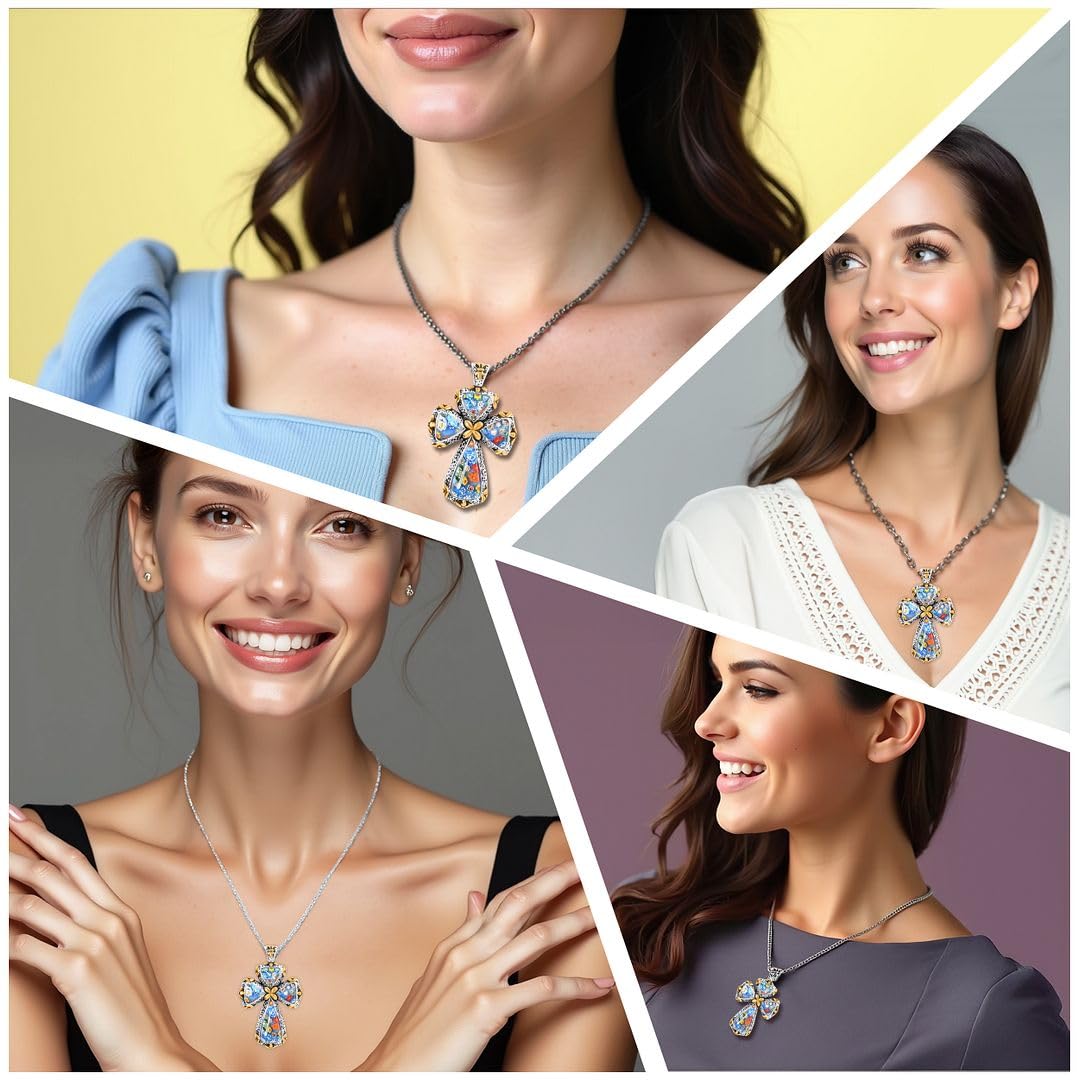 Shop LC Cross Necklace for Women Black Oxidsized Murano Style Colorful Glass Flower Stainless Steel Chain Size 20" Catholic Faith Religious Jewelry Christian Gifts - Image 2