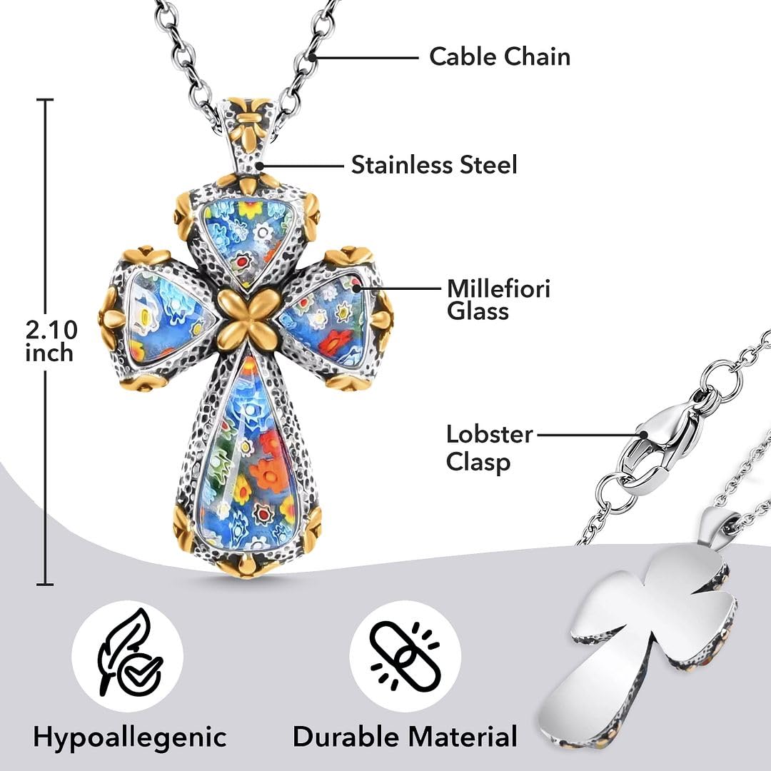 Shop LC Cross Necklace for Women Black Oxidsized Murano Style Colorful Glass Flower Stainless Steel Chain Size 20" Catholic Faith Religious Jewelry Christian Gifts - Image 3