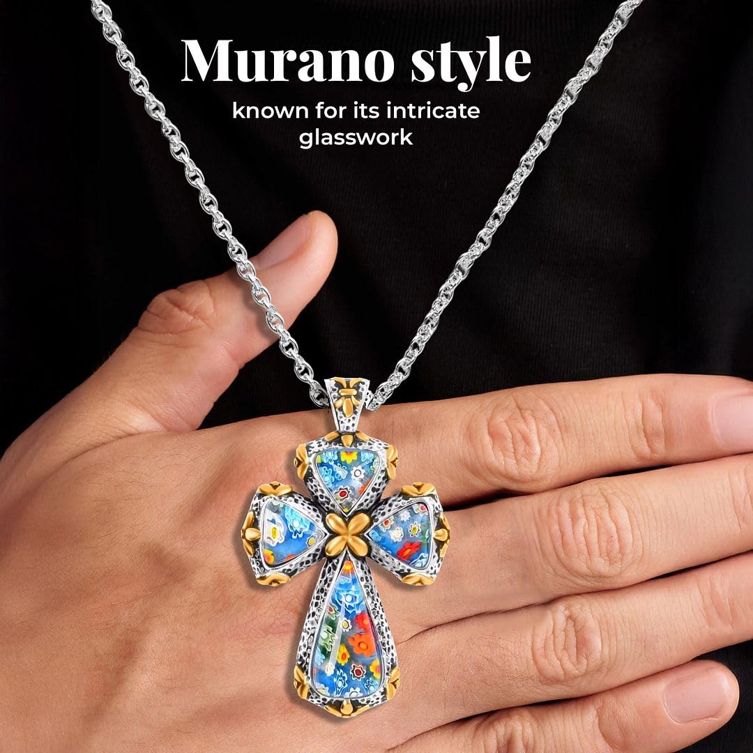 Shop LC Cross Necklace for Women Black Oxidsized Murano Style Colorful Glass Flower Stainless Steel Chain Size 20" Catholic Faith Religious Jewelry Christian Gifts - Image 5