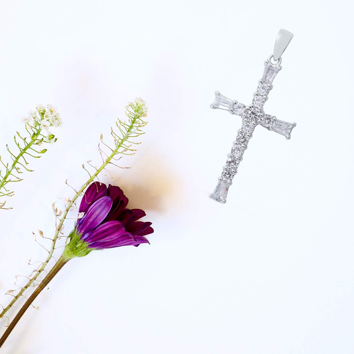 Shop LC Cross Necklace for Women Men White CZ 925 Sterling Silver Mens Cross Neckalce Pendant Faith Religious Delicate Jewelry Gifts without Chain - Image 7