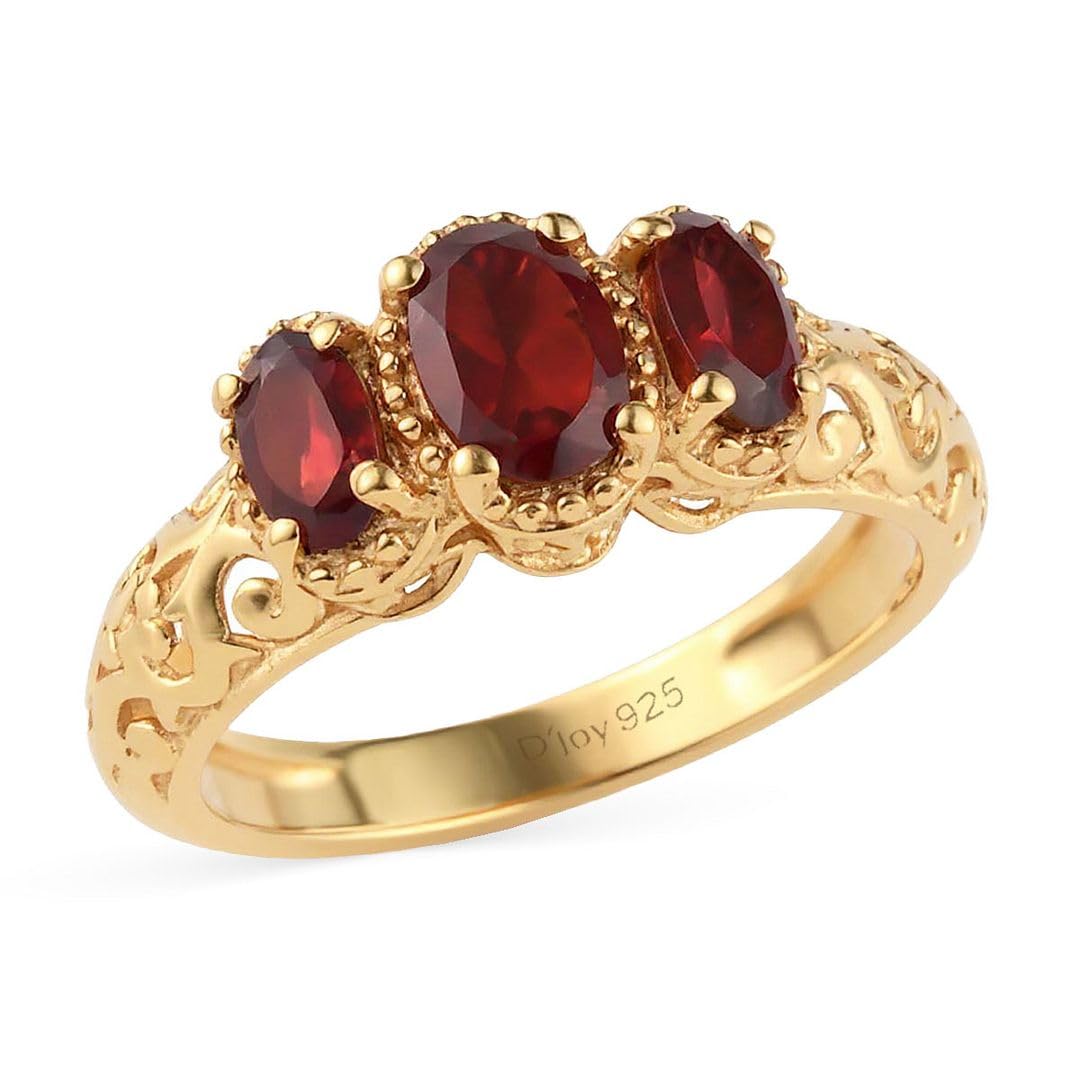 SHOP LC DELIVERING JOY 3 Stone Garnet Ring for Women in 925 Sterling Silver With 14K Gold Plating - January Birthstone Promise Vintage Red Garnet Jewelry - Anniversary Engagement Gifts for Womens