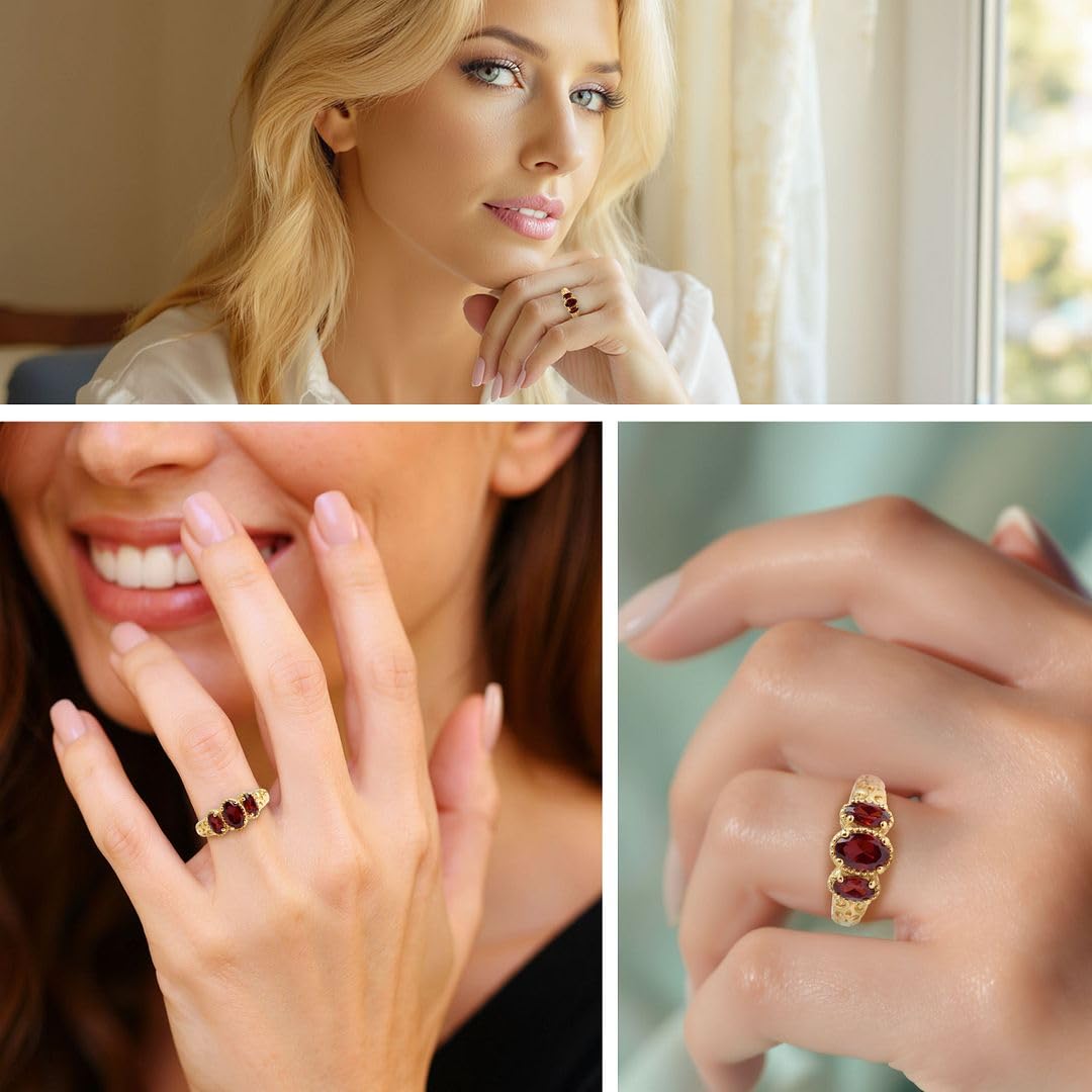 SHOP LC DELIVERING JOY 3 Stone Garnet Ring for Women in 925 Sterling Silver With 14K Gold Plating - January Birthstone Promise Vintage Red Garnet Jewelry - Anniversary Engagement Gifts for Womens - Image 2