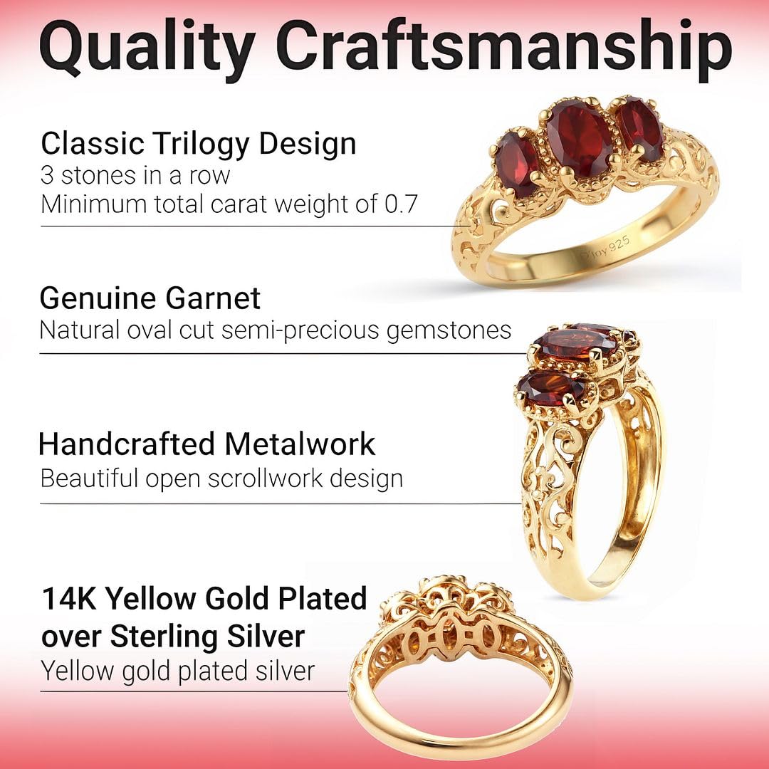 SHOP LC DELIVERING JOY 3 Stone Garnet Ring for Women in 925 Sterling Silver With 14K Gold Plating - January Birthstone Promise Vintage Red Garnet Jewelry - Anniversary Engagement Gifts for Womens - Image 3