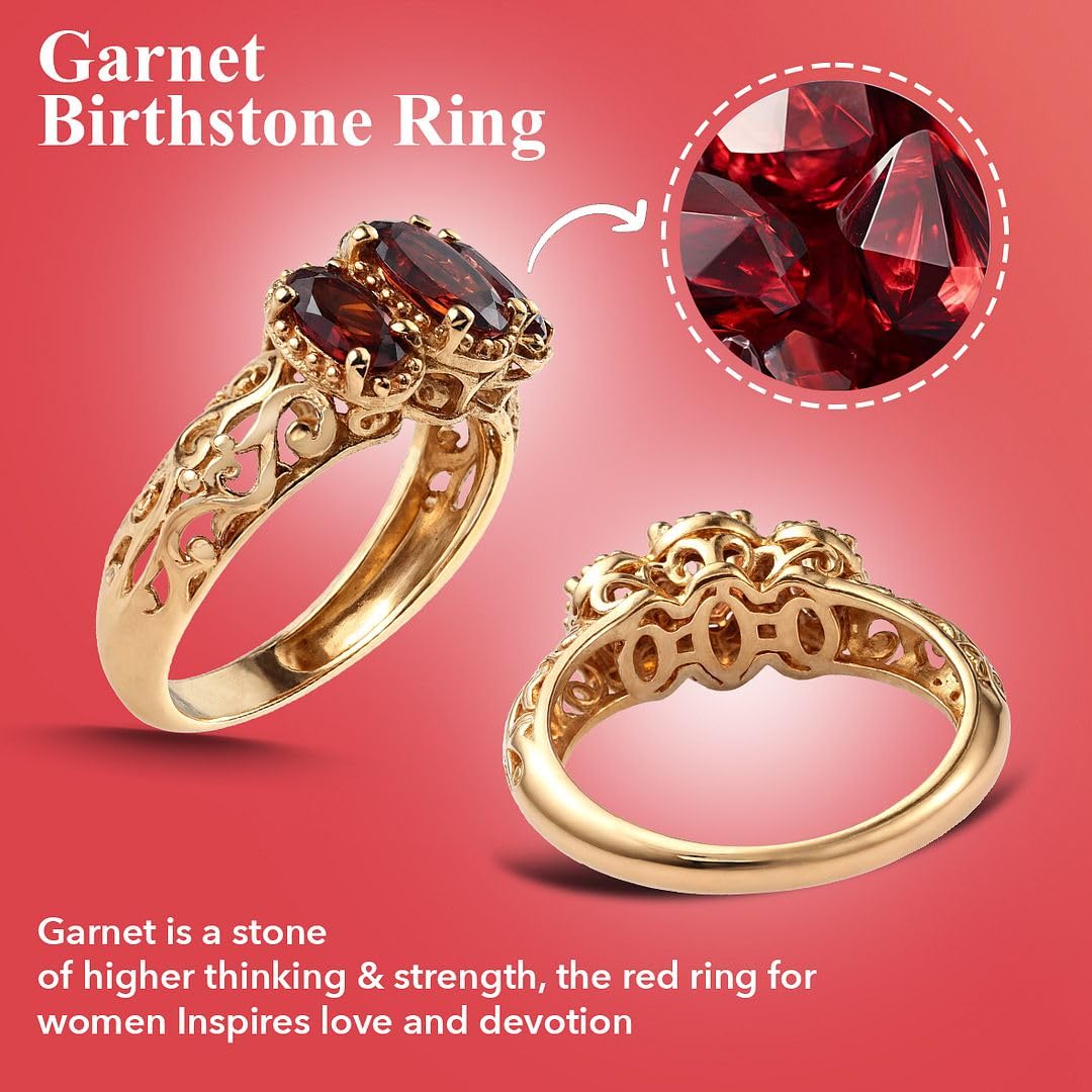 SHOP LC DELIVERING JOY 3 Stone Garnet Ring for Women in 925 Sterling Silver With 14K Gold Plating - January Birthstone Promise Vintage Red Garnet Jewelry - Anniversary Engagement Gifts for Womens - Image 4