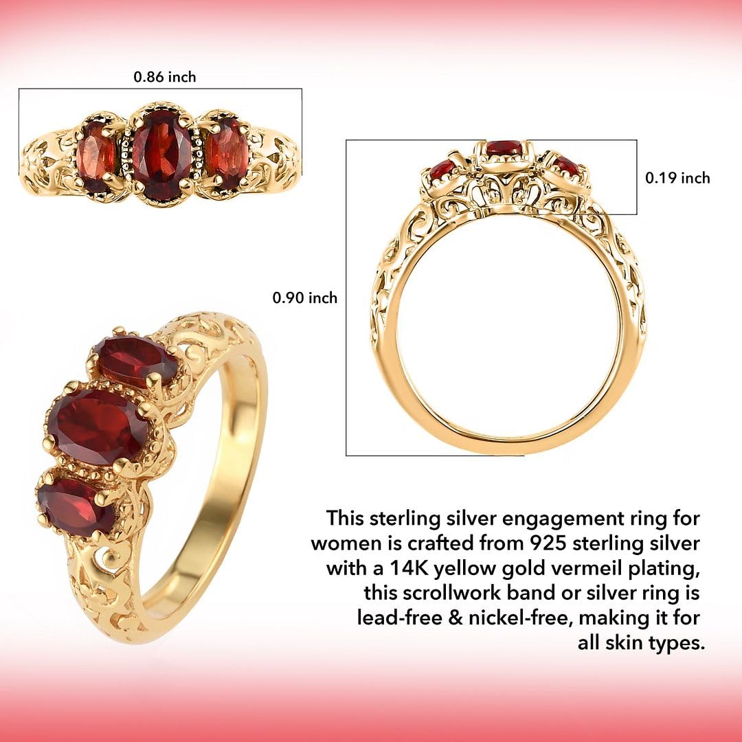 SHOP LC DELIVERING JOY 3 Stone Garnet Ring for Women in 925 Sterling Silver With 14K Gold Plating - January Birthstone Promise Vintage Red Garnet Jewelry - Anniversary Engagement Gifts for Womens - Image 5