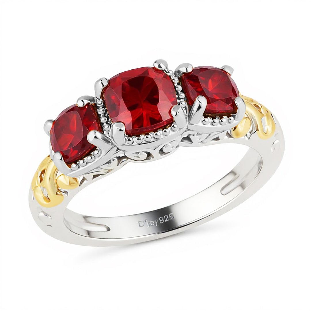 SHOP LC DELIVERING JOY 3 Stone Garnet Ring for Women in 925 Sterling Silver With 14K Gold Plating - January Birthstone Promise Vintage Red Garnet Jewelry - Anniversary Engagement Gifts for Womens