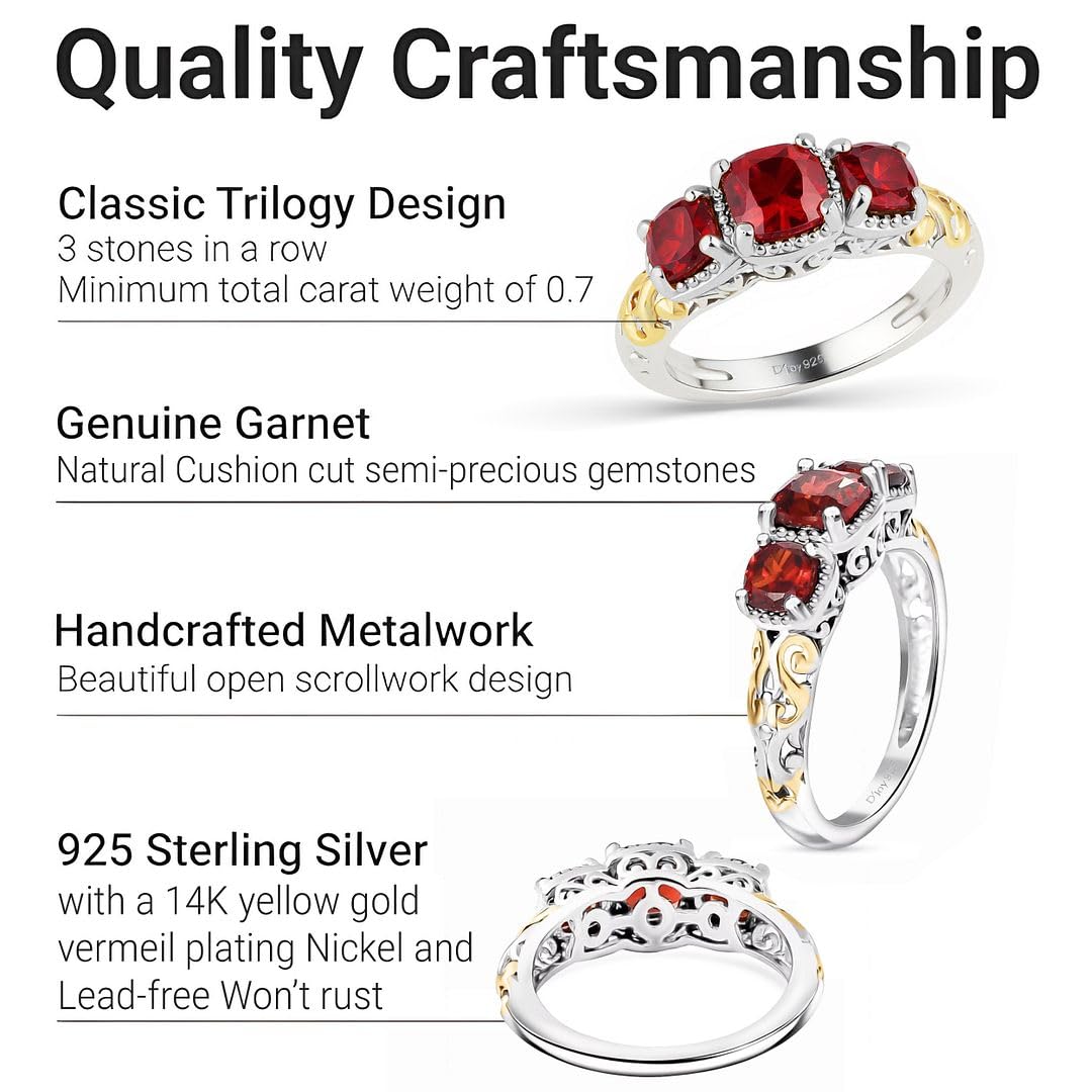 SHOP LC DELIVERING JOY 3 Stone Garnet Ring for Women in 925 Sterling Silver With 14K Gold Plating - January Birthstone Promise Vintage Red Garnet Jewelry - Anniversary Engagement Gifts for Womens - Image 3