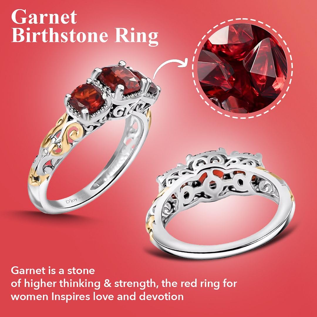 SHOP LC DELIVERING JOY 3 Stone Garnet Ring for Women in 925 Sterling Silver With 14K Gold Plating - January Birthstone Promise Vintage Red Garnet Jewelry - Anniversary Engagement Gifts for Womens - Image 4