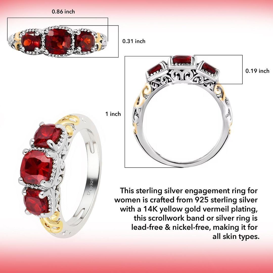 SHOP LC DELIVERING JOY 3 Stone Garnet Ring for Women in 925 Sterling Silver With 14K Gold Plating - January Birthstone Promise Vintage Red Garnet Jewelry - Anniversary Engagement Gifts for Womens - Image 5