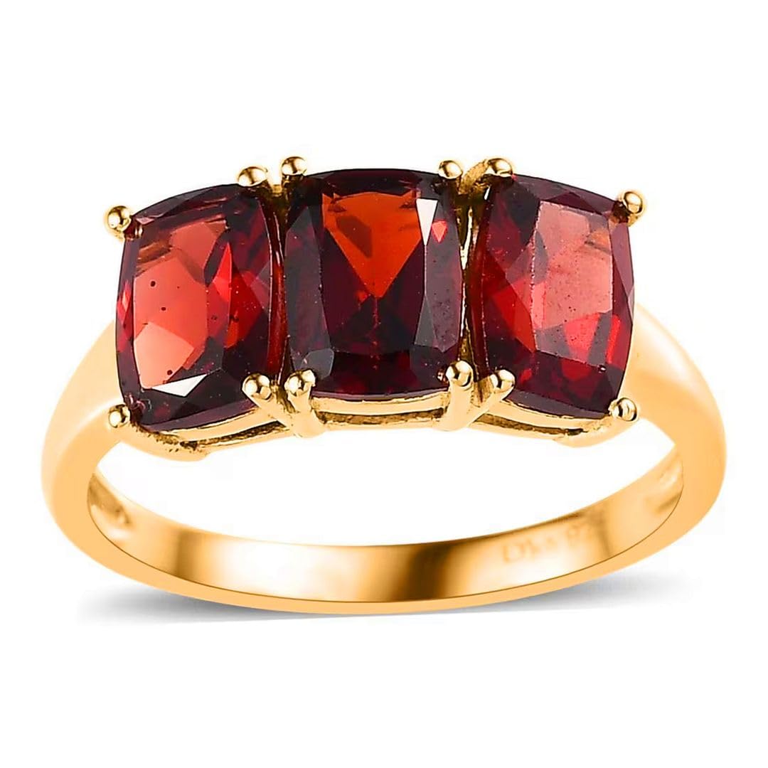 SHOP LC DELIVERING JOY 3 Stone Garnet Rings for Women in 925 Sterling Silver with 14K Gold Plating - January Birthstone Promise Ring Vintage Red Garnet Jewelry Engagement Day Gifts for Womens