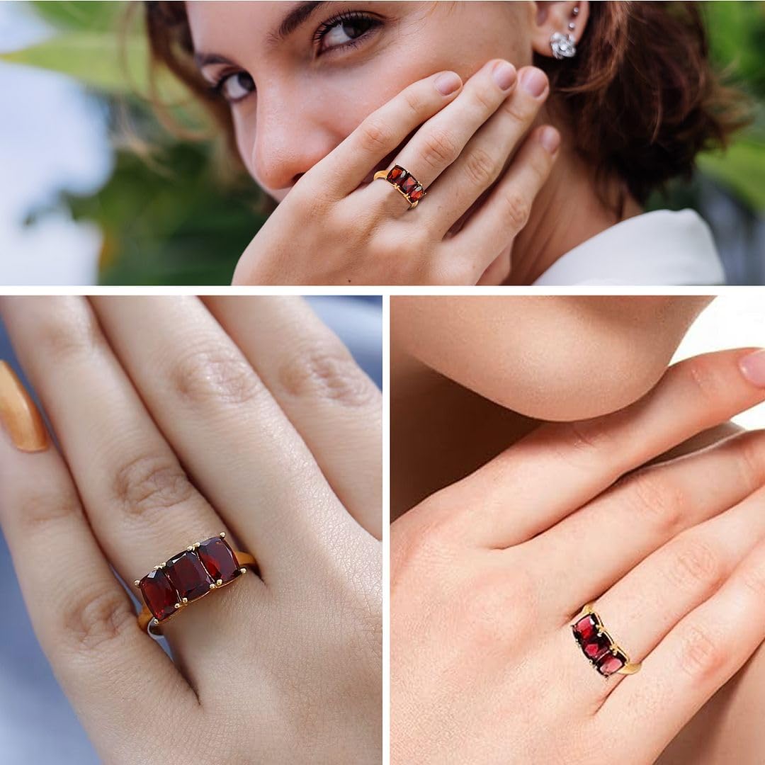 SHOP LC DELIVERING JOY 3 Stone Garnet Rings for Women in 925 Sterling Silver with 14K Gold Plating - January Birthstone Promise Ring Vintage Red Garnet Jewelry Engagement Day Gifts for Womens - Image 2
