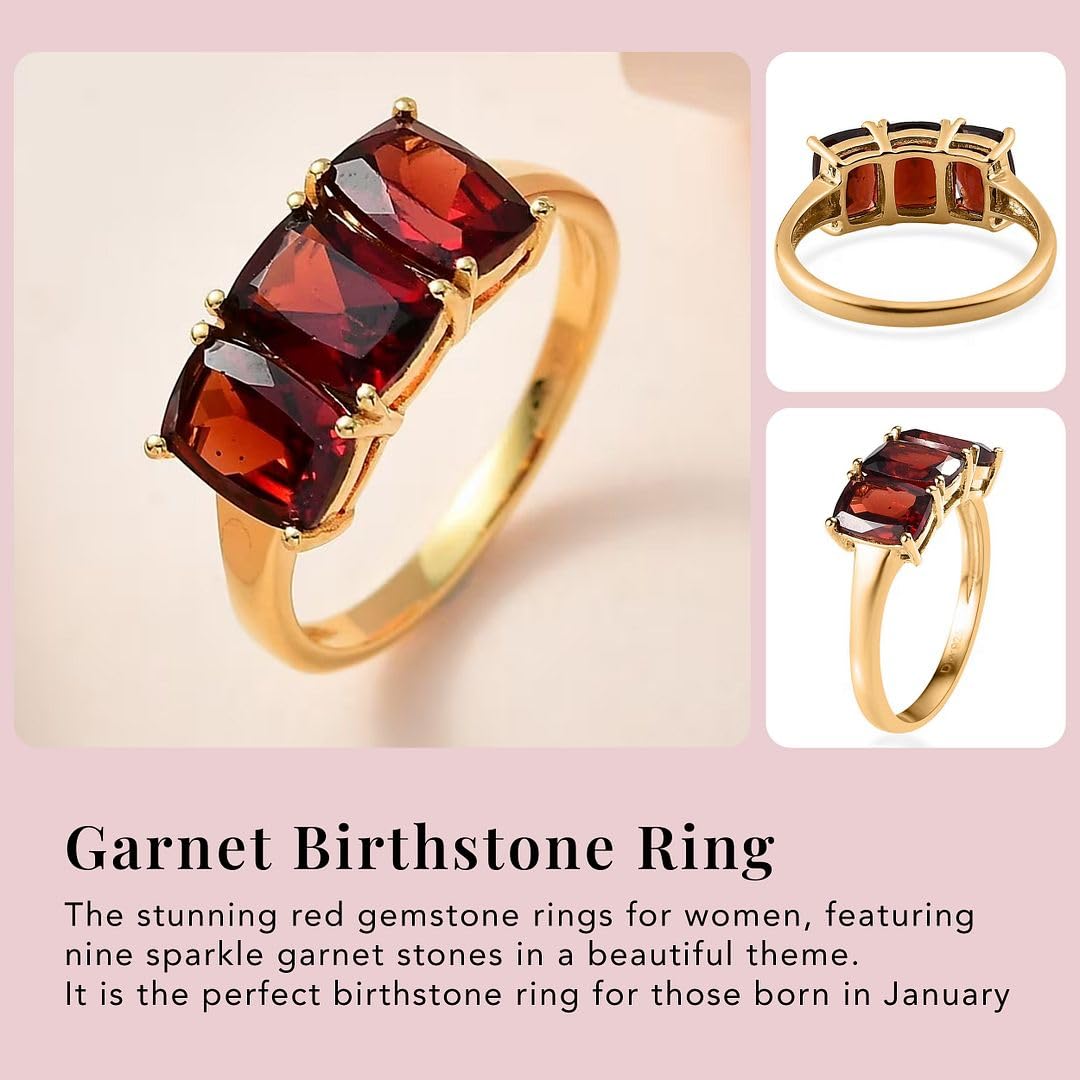 SHOP LC DELIVERING JOY 3 Stone Garnet Rings for Women in 925 Sterling Silver with 14K Gold Plating - January Birthstone Promise Ring Vintage Red Garnet Jewelry Engagement Day Gifts for Womens - Image 3