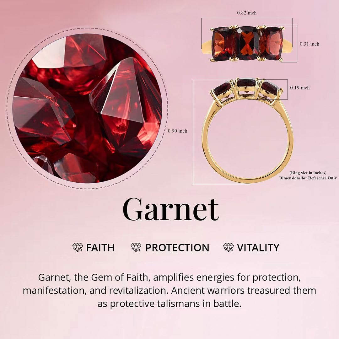 SHOP LC DELIVERING JOY 3 Stone Garnet Rings for Women in 925 Sterling Silver with 14K Gold Plating - January Birthstone Promise Ring Vintage Red Garnet Jewelry Engagement Day Gifts for Womens - Image 4