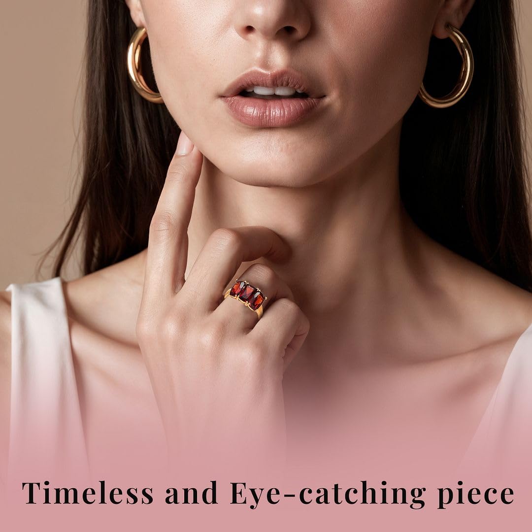 SHOP LC DELIVERING JOY 3 Stone Garnet Rings for Women in 925 Sterling Silver with 14K Gold Plating - January Birthstone Promise Ring Vintage Red Garnet Jewelry Engagement Day Gifts for Womens - Image 6