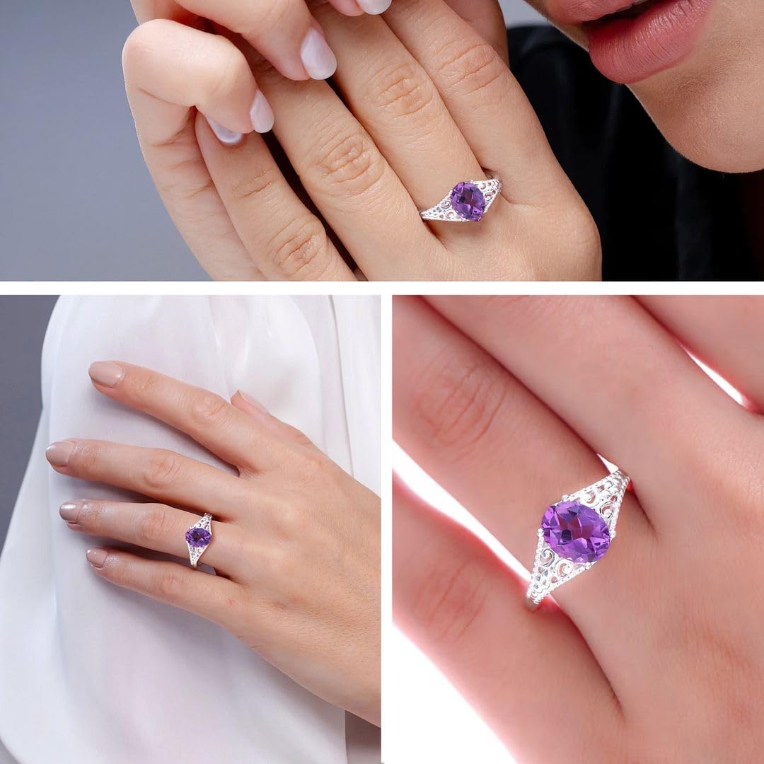 SHOP LC DELIVERING JOY Amethyst Ring for Women in 925 Sterling Silver - Birthstone Promise Vintage Engagement Rings - Anniversary Purple Amethyst Jewelry Cute - Statement Sparkling Gifts for Womens - Image 2