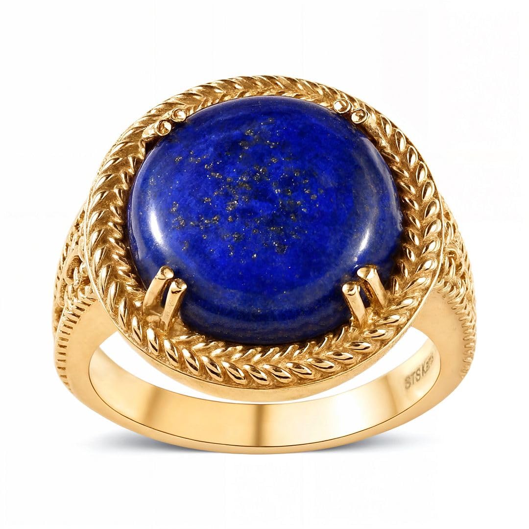 SHOP LC DELIVERING JOY Blue Lapis Lazuli Ring ION Plated 18K Yellow Gold Ring - Birthstone Rings for Women Jewelry - Statement Promise Vintage Cute Gemstone Jewelry - Anniversarys Gifts for Womens