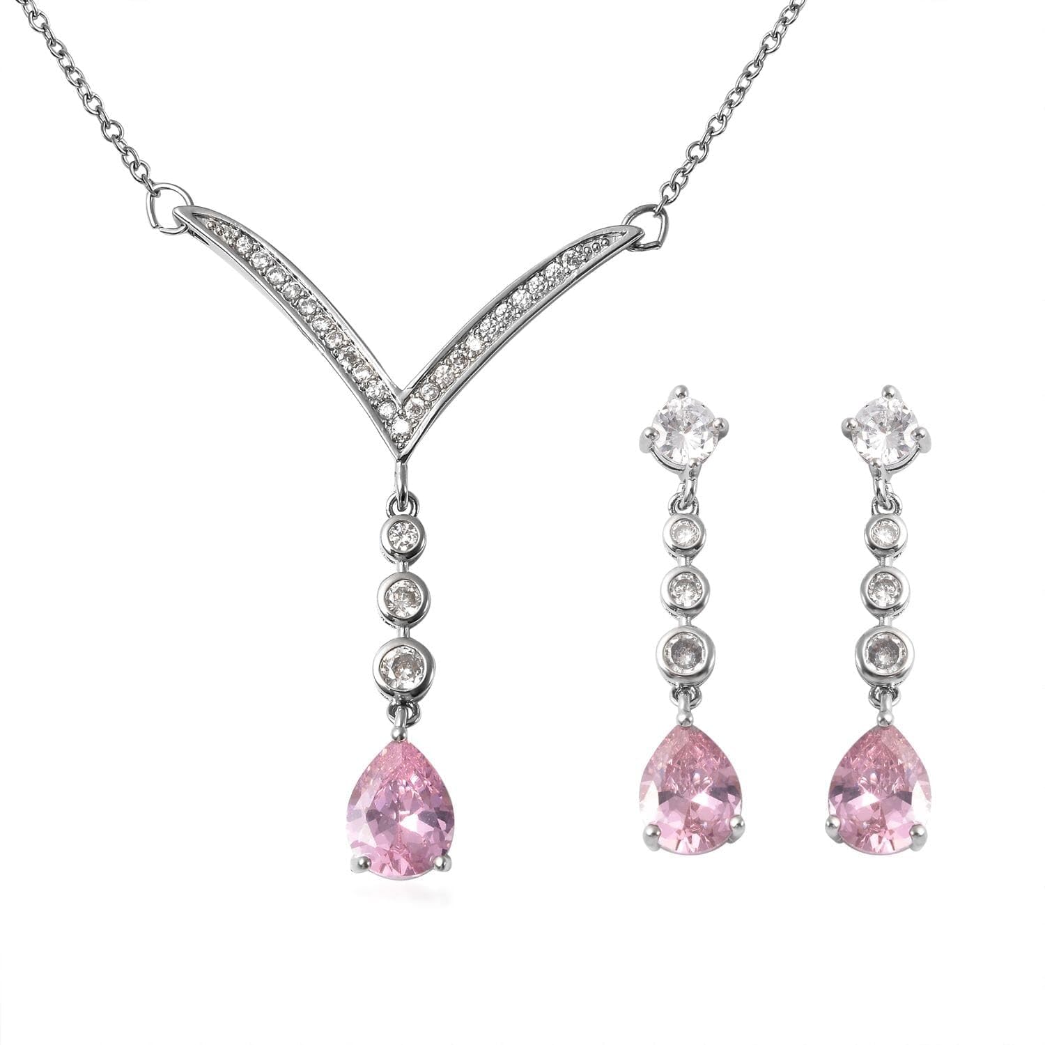 SHOP LC DELIVERING JOY Bridesmaid Pink Jewelry Set for Women Earrings Necklace Cubic Zirconia CZ Platinum Plated Wedding Women 18" Birthday Christmas Gifts