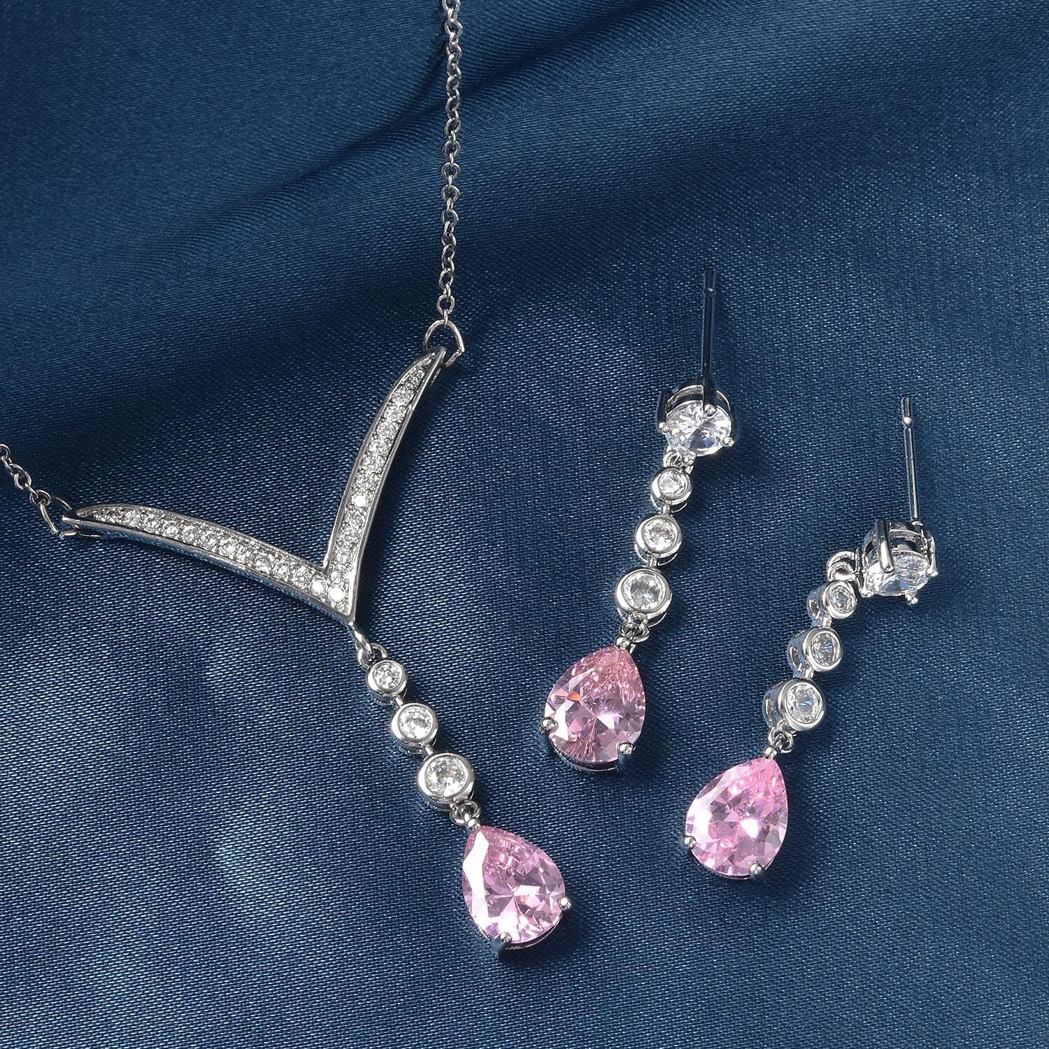 SHOP LC DELIVERING JOY Bridesmaid Pink Jewelry Set for Women Earrings Necklace Cubic Zirconia CZ Platinum Plated Wedding Women 18" Birthday Christmas Gifts - Image 2