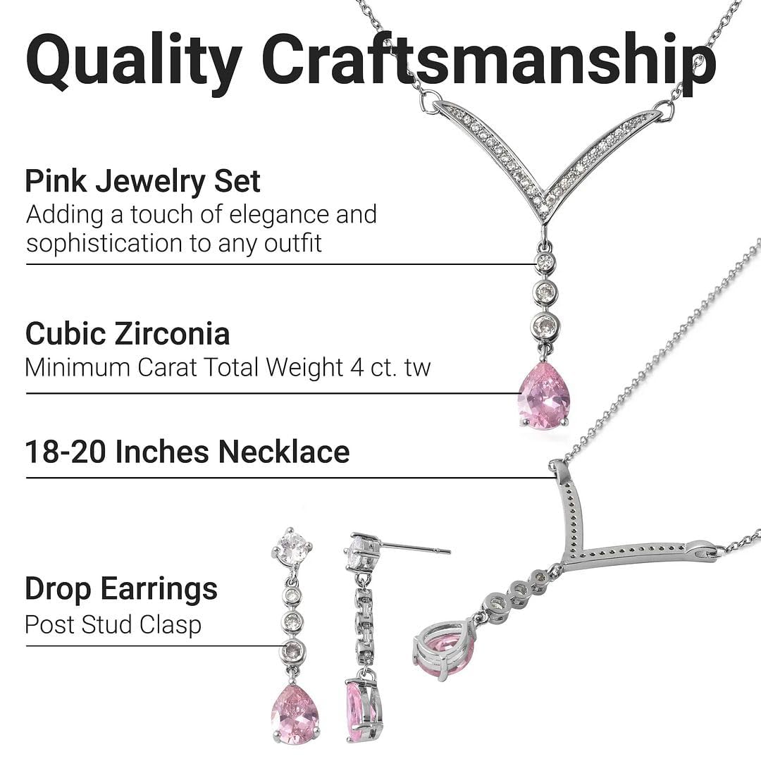 SHOP LC DELIVERING JOY Bridesmaid Pink Jewelry Set for Women Earrings Necklace Cubic Zirconia CZ Platinum Plated Wedding Women 18" Birthday Christmas Gifts - Image 4