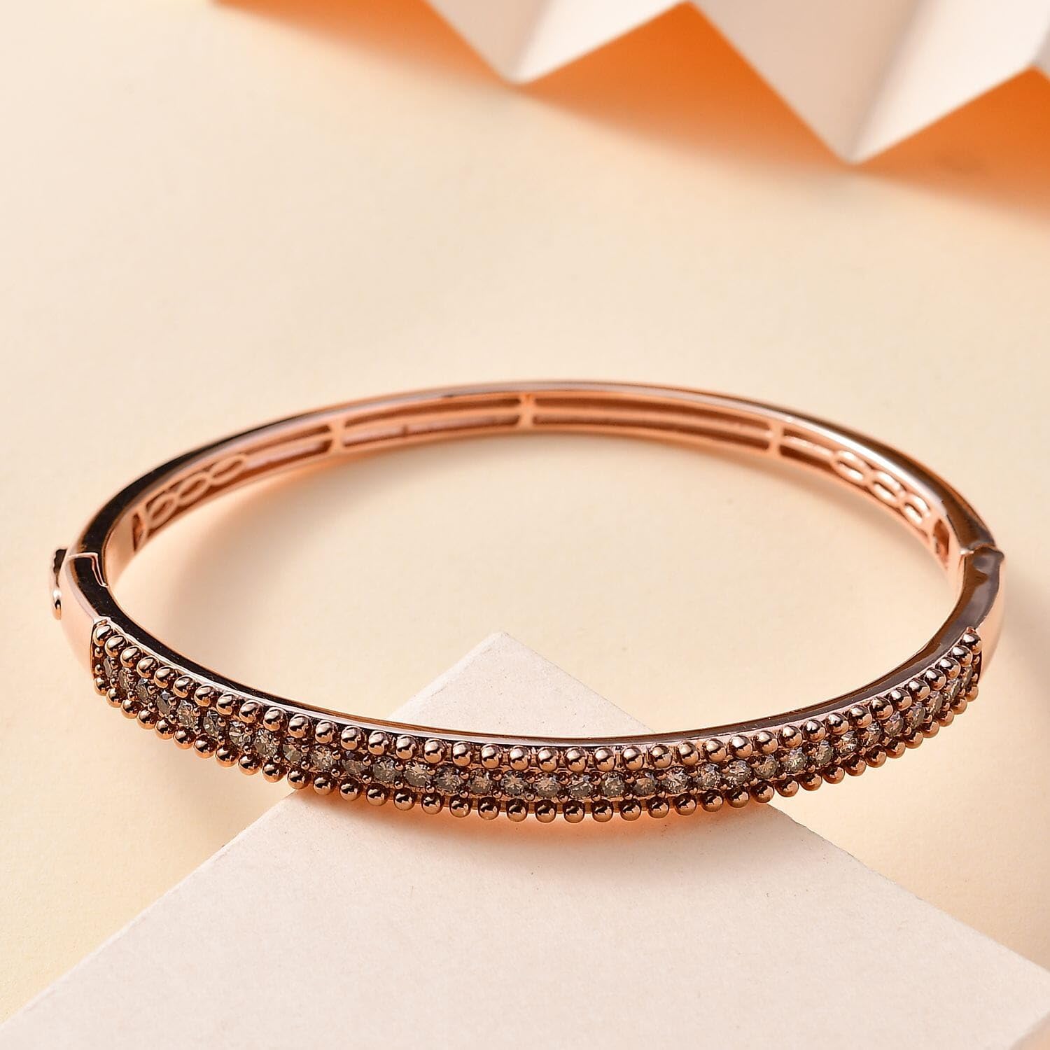SHOP LC DELIVERING JOY Champagne Diamond Round 925 Sterling Silver 18K Vermeil Rose Gold Plated Bangle Cuff Bracelet for Women Jewelry Birthday Christmas Gifts Size 7.25 Inches Ct 1.5 - Image 2