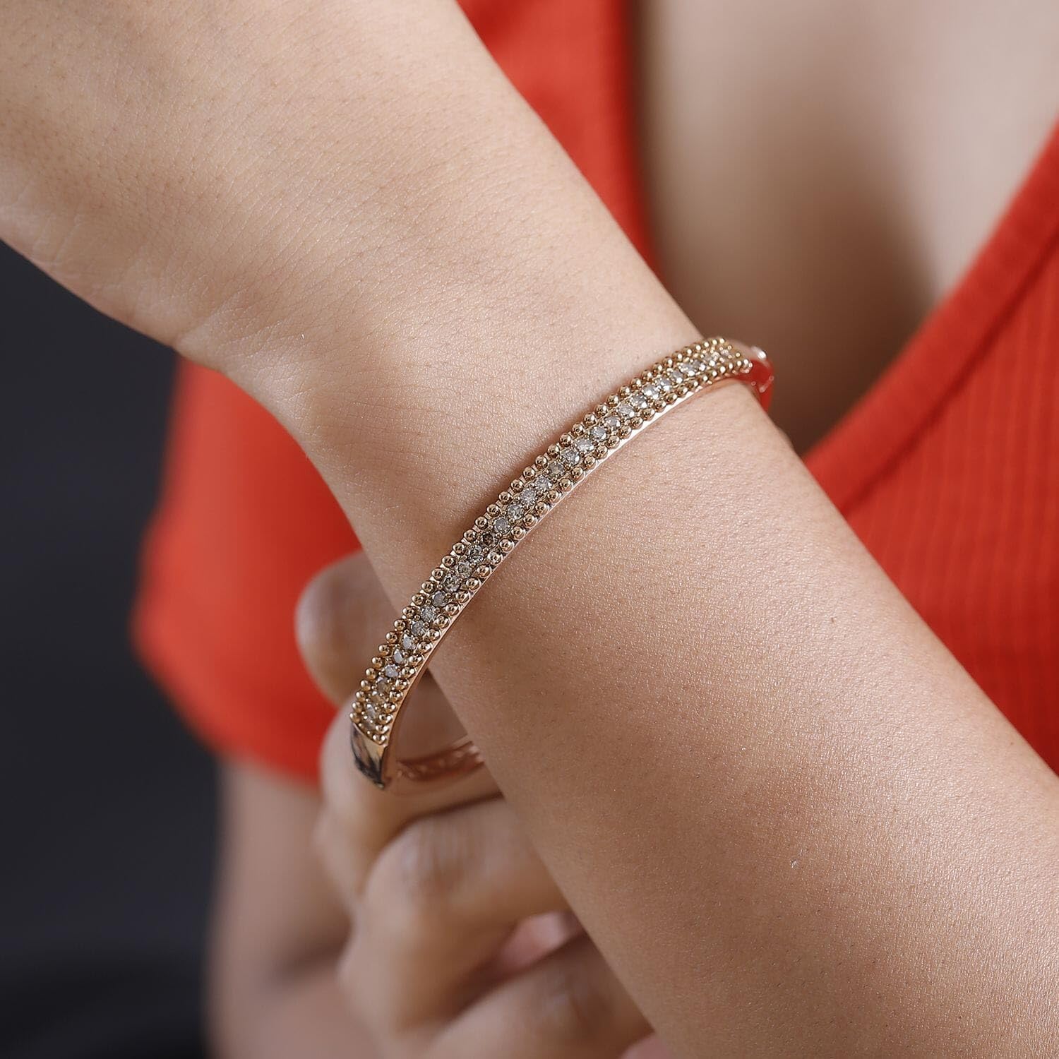 SHOP LC DELIVERING JOY Champagne Diamond Round 925 Sterling Silver 18K Vermeil Rose Gold Plated Bangle Cuff Bracelet for Women Jewelry Birthday Christmas Gifts Size 7.25 Inches Ct 1.5 - Image 3