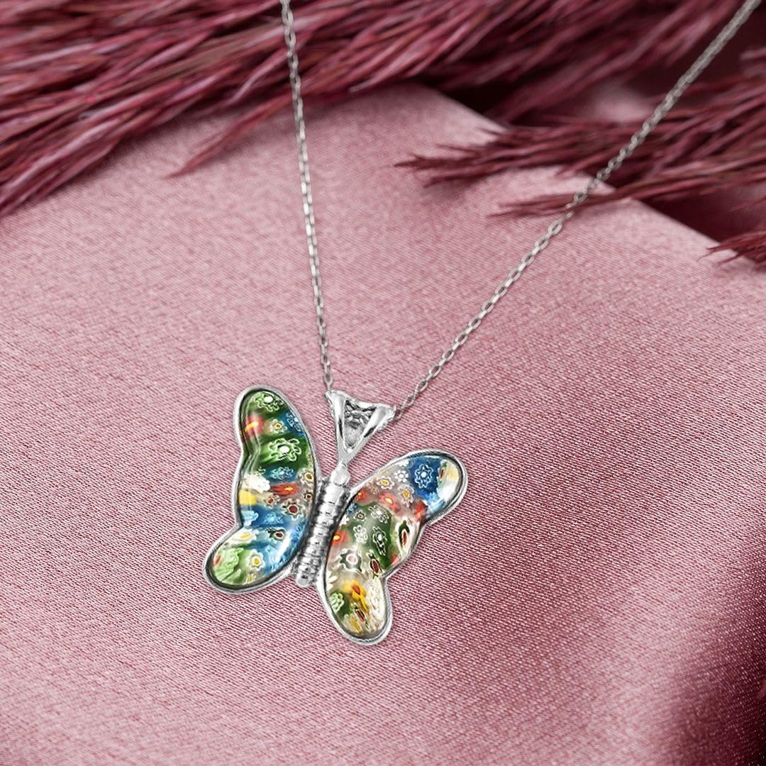 SHOP LC DELIVERING JOY Colorful Dainty Butterfly Necklace for Women Murano Style Millefiori Glass Cute Aesthetic Beach Jewelry Friendship Women for Friend Mom 20" Birthday Christmas Gifts - Image 5