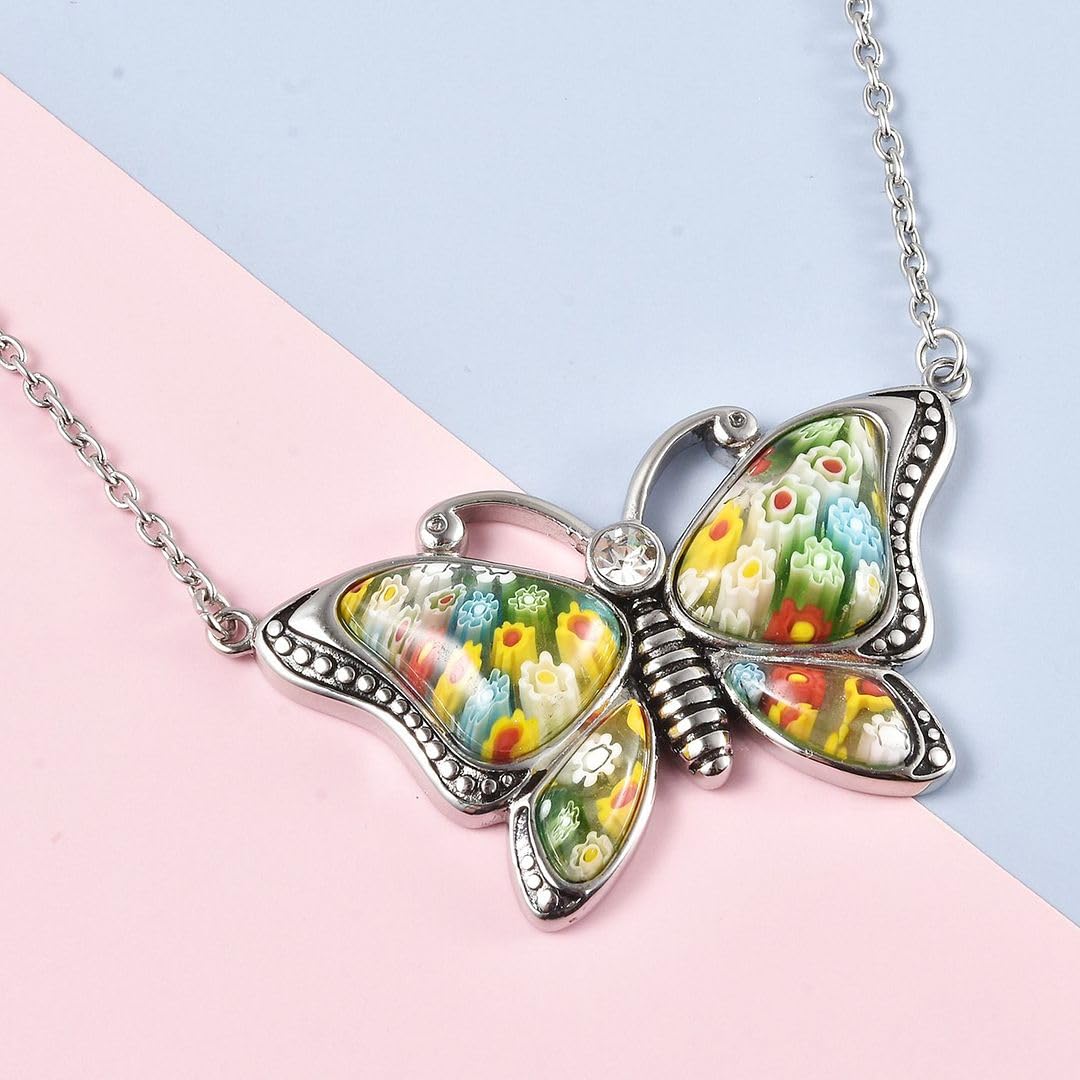 SHOP LC DELIVERING JOY Colorful Flower Dainty Butterfly Necklace for Women Murano Style Millefiori Glass Cute Aesthetic Beach Jewelry Friendship Women for Friend Mom 20" Birthday Christmas Gifts - Image 2