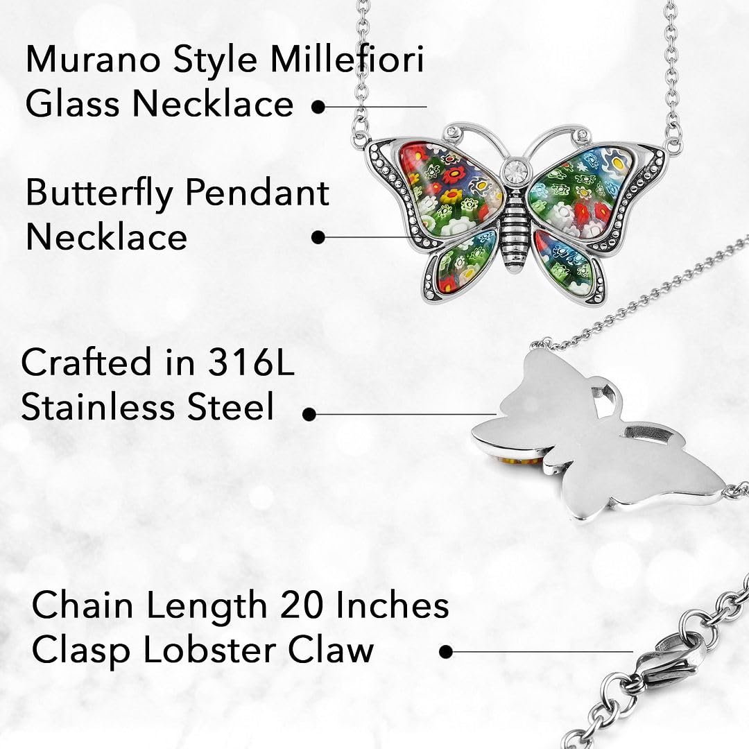 SHOP LC DELIVERING JOY Colorful Flower Dainty Butterfly Necklace for Women Murano Style Millefiori Glass Cute Aesthetic Beach Jewelry Friendship Women for Friend Mom 20" Birthday Christmas Gifts - Image 3
