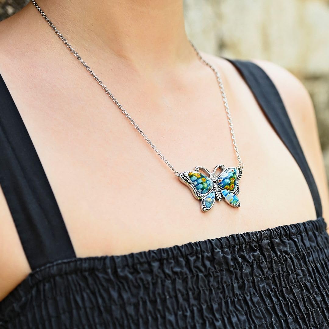 SHOP LC DELIVERING JOY Colorful Flower Dainty Butterfly Necklace for Women Murano Style Millefiori Glass Cute Aesthetic Beach Jewelry Friendship Women for Friend Mom 20" Birthday Christmas Gifts - Image 4