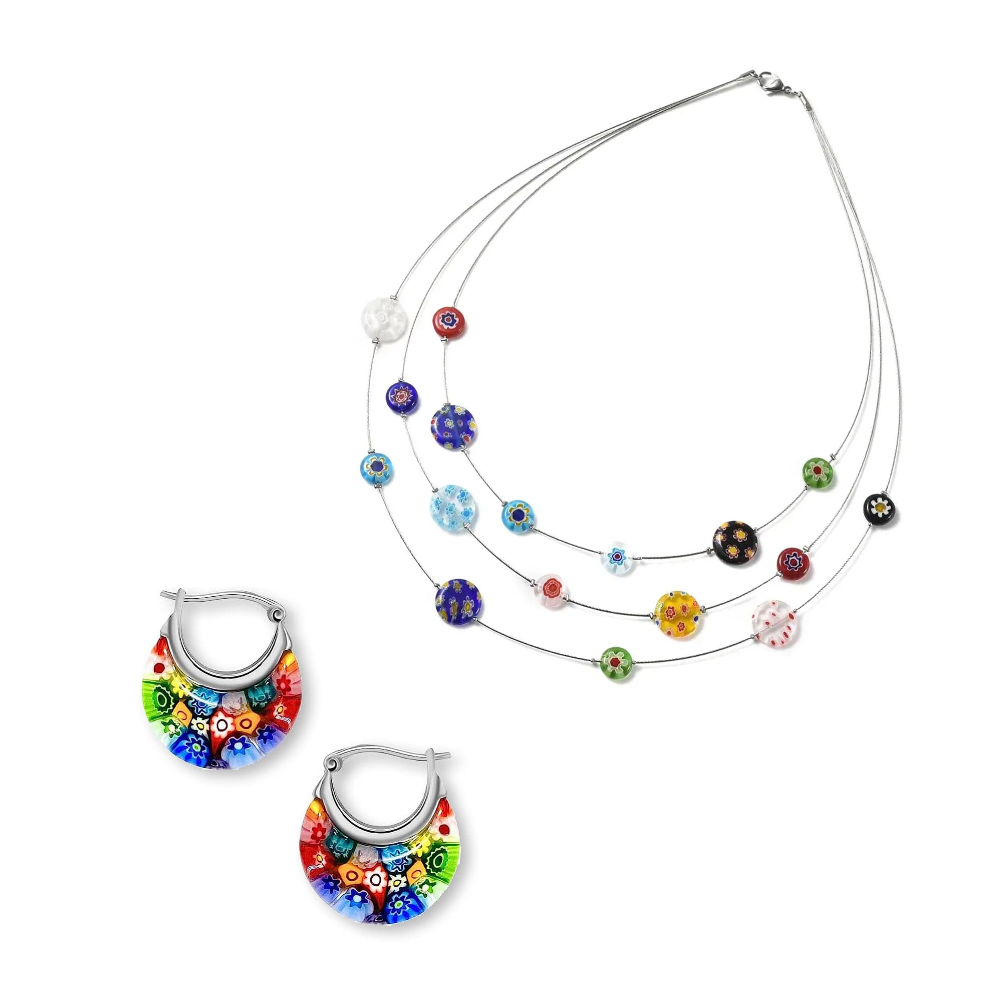 SHOP LC DELIVERING JOY Colorful Murano Style Millefiori Glass Hoop Earrings Bead Layered Necklace for Women Daisy Flower Stainless Steel Jewelry Trendy Gifts