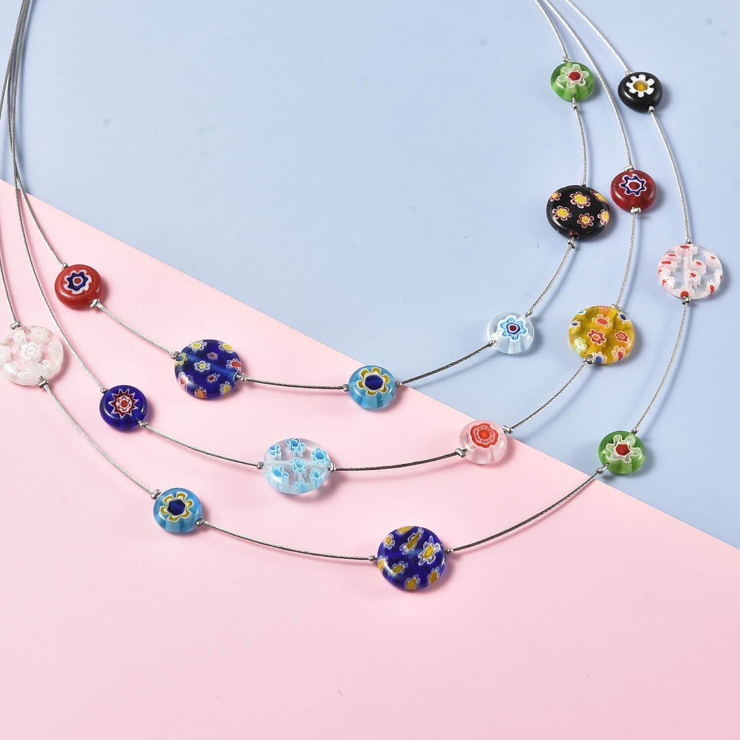 SHOP LC DELIVERING JOY Colorful Murano Style Millefiori Glass Hoop Earrings Bead Layered Necklace for Women Daisy Flower Stainless Steel Jewelry Trendy Gifts - Image 3