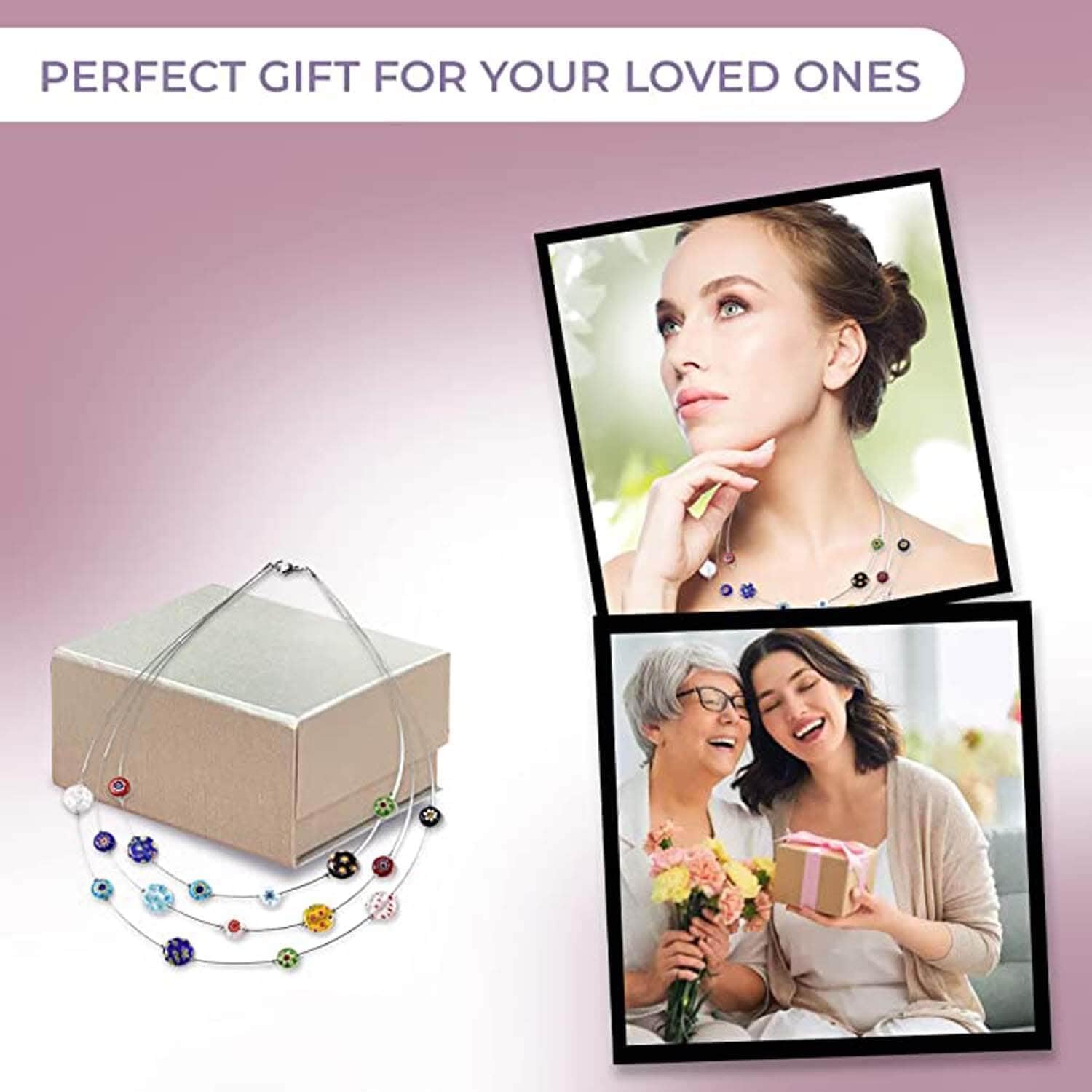 SHOP LC DELIVERING JOY Colorful Murano Style Millefiori Glass Hoop Earrings Bead Layered Necklace for Women Daisy Flower Stainless Steel Jewelry Trendy Gifts - Image 9
