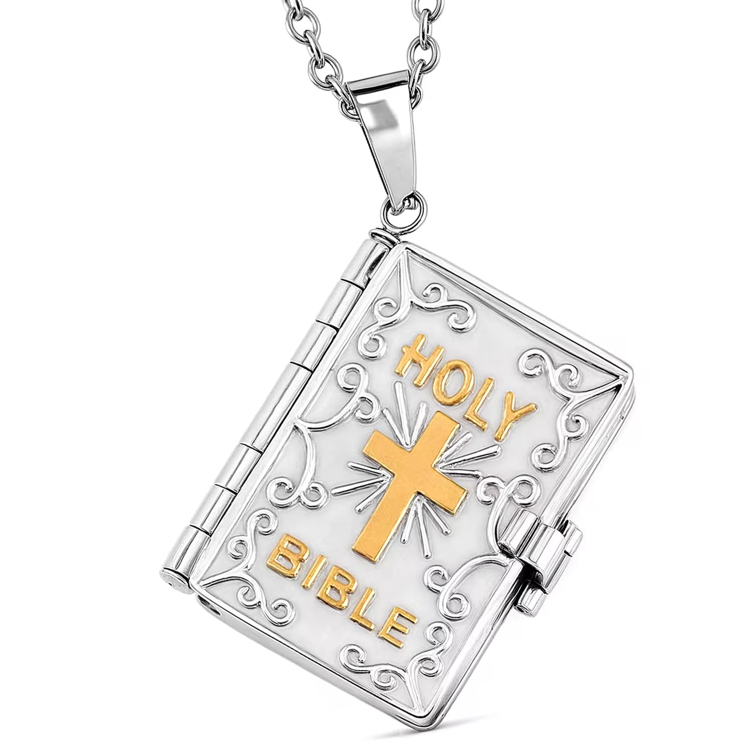 SHOP LC DELIVERING JOY Cross Necklace for Women - Openable Holy Bible Pendant Metal Pages Inside - Bible Necklace for Women Stainless Steel Faith Religious Jewelry - 24" Anniversary Wedding Gifts