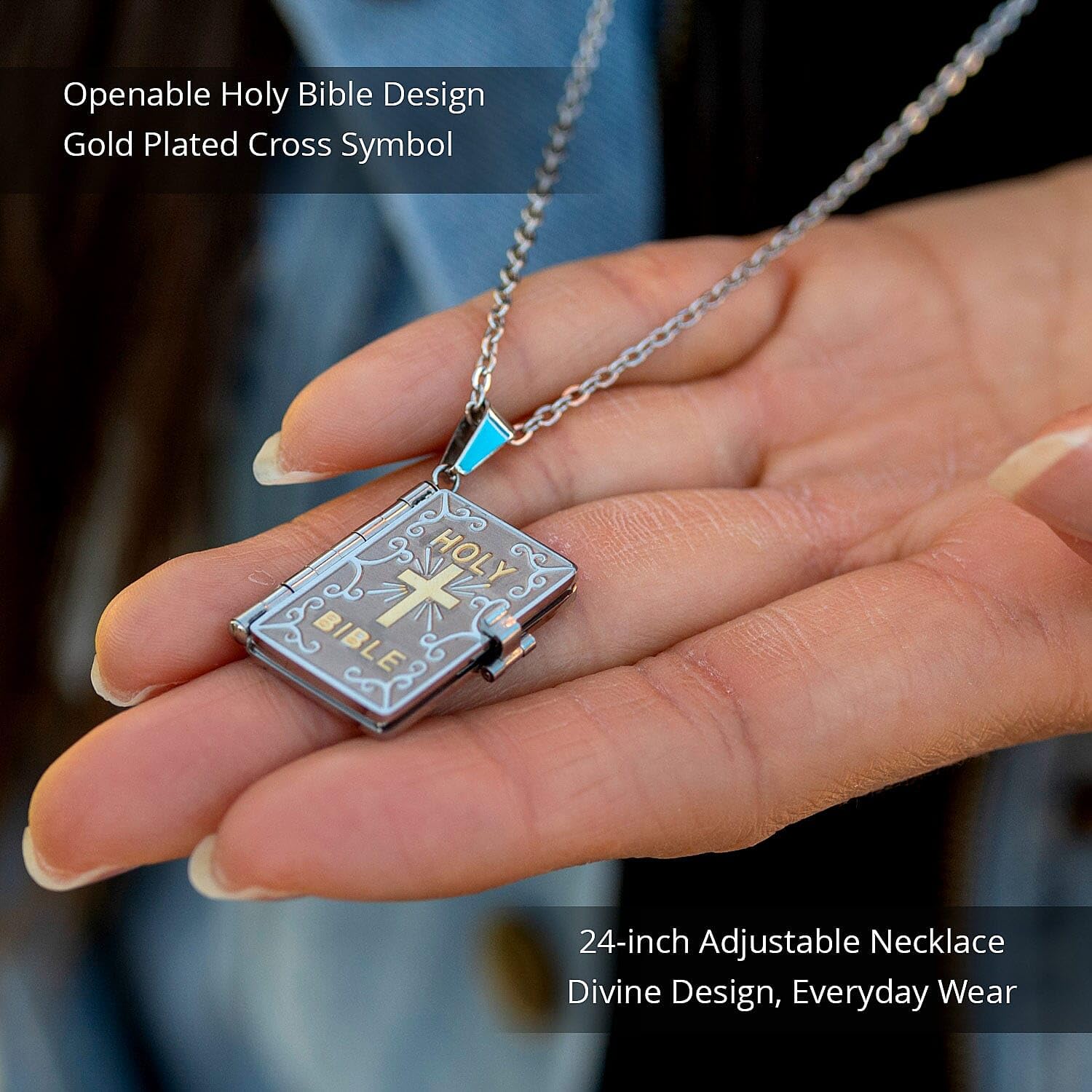 SHOP LC DELIVERING JOY Cross Necklace for Women - Openable Holy Bible Pendant Metal Pages Inside - Bible Necklace for Women Stainless Steel Faith Religious Jewelry - 24" Anniversary Wedding Gifts - Image 5