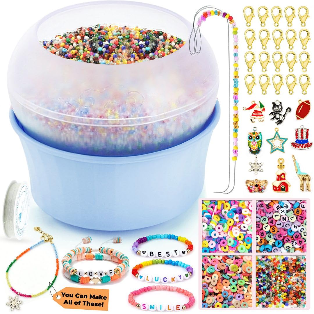 Clay Bead Spinner for Jewelry Making Necklace Bracelet Maker Machine - Electric Bead Spinner Kit with 2 Big Eye Needles & Accessories Friendship Unique Waist Beads Christmas Gifts - Blue