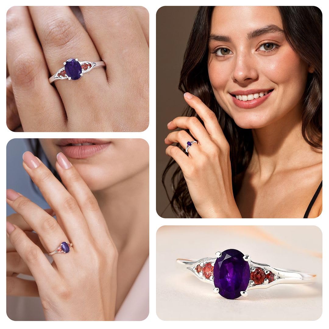SHOP LC DELIVERING JOY Garnet Amethyst Rings for Women - 925 Sterling Silver Garnet Rings for Women - Gemstone Birthstone Jewelry Trendy Fashion - Red Purple Ring Gifts for Women - Image 2
