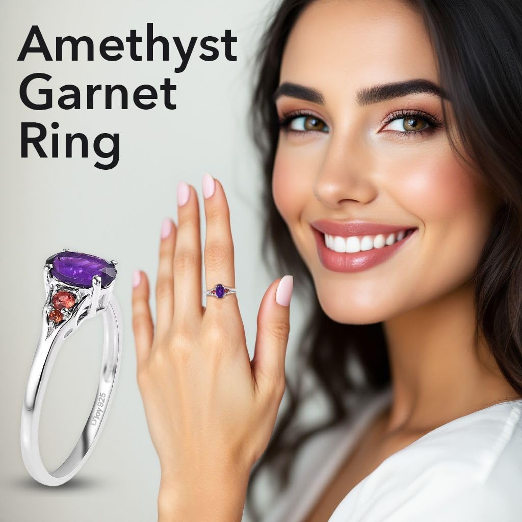 SHOP LC DELIVERING JOY Garnet Amethyst Rings for Women - 925 Sterling Silver Garnet Rings for Women - Gemstone Birthstone Jewelry Trendy Fashion - Red Purple Ring Gifts for Women - Image 4